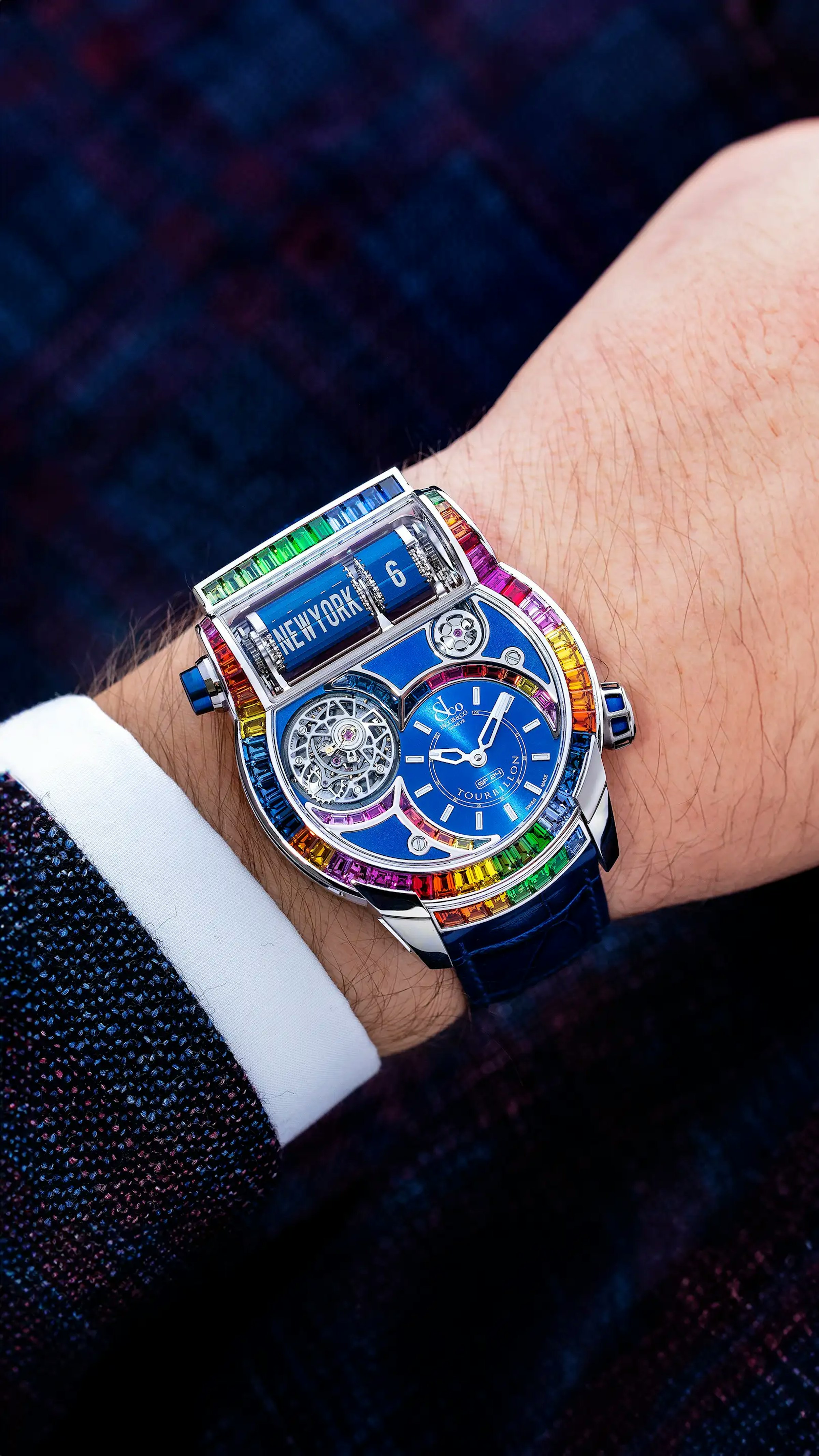 The white gold Epic SF24 Tourbillon Baguette, with a blue dial and rainbow gem-setting on the bezel, worn on the wrist.