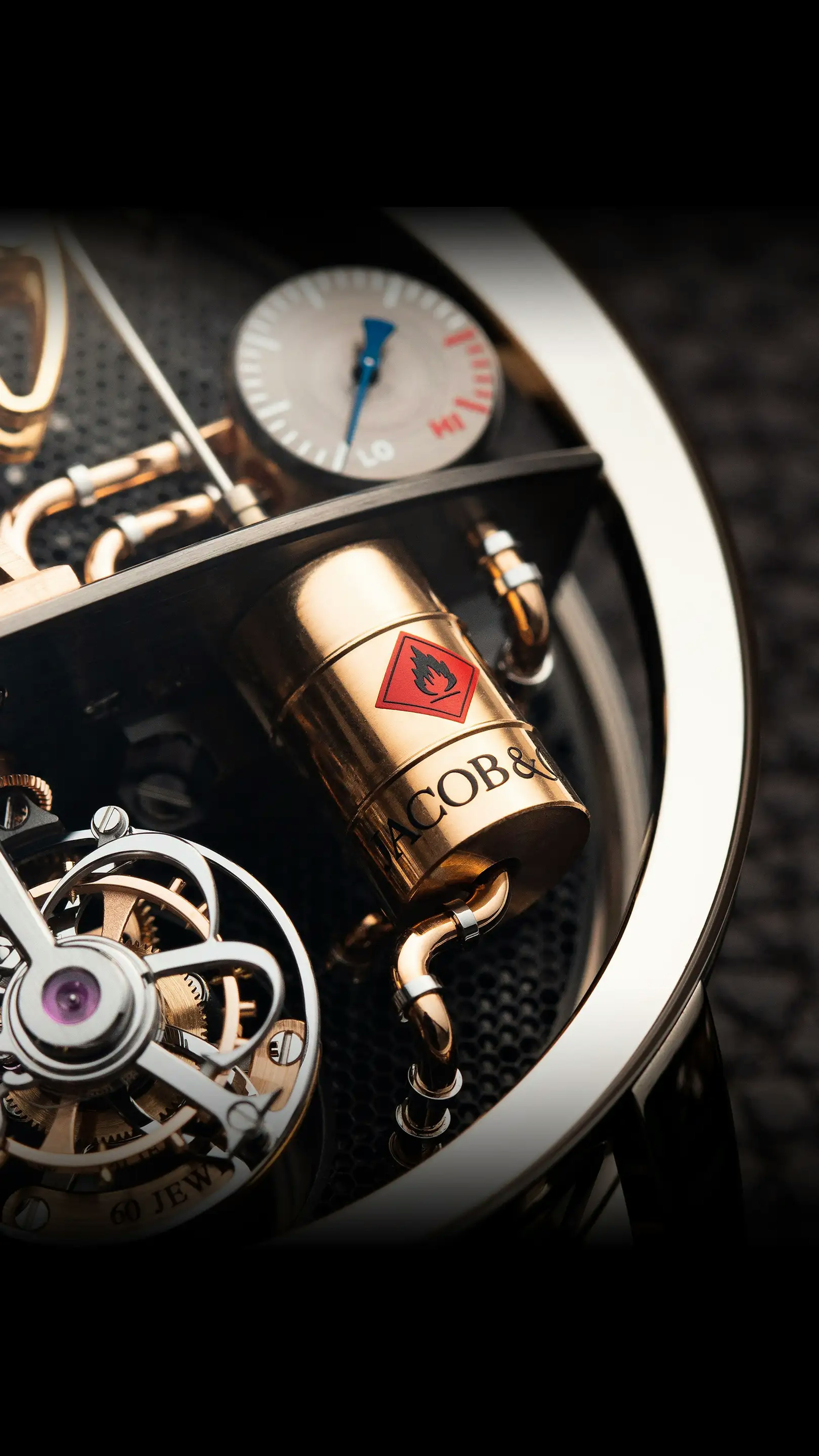 Close up of the Oil Pump watch, focusing on the flammable barrel decoration, located on the bottom right of the watch.