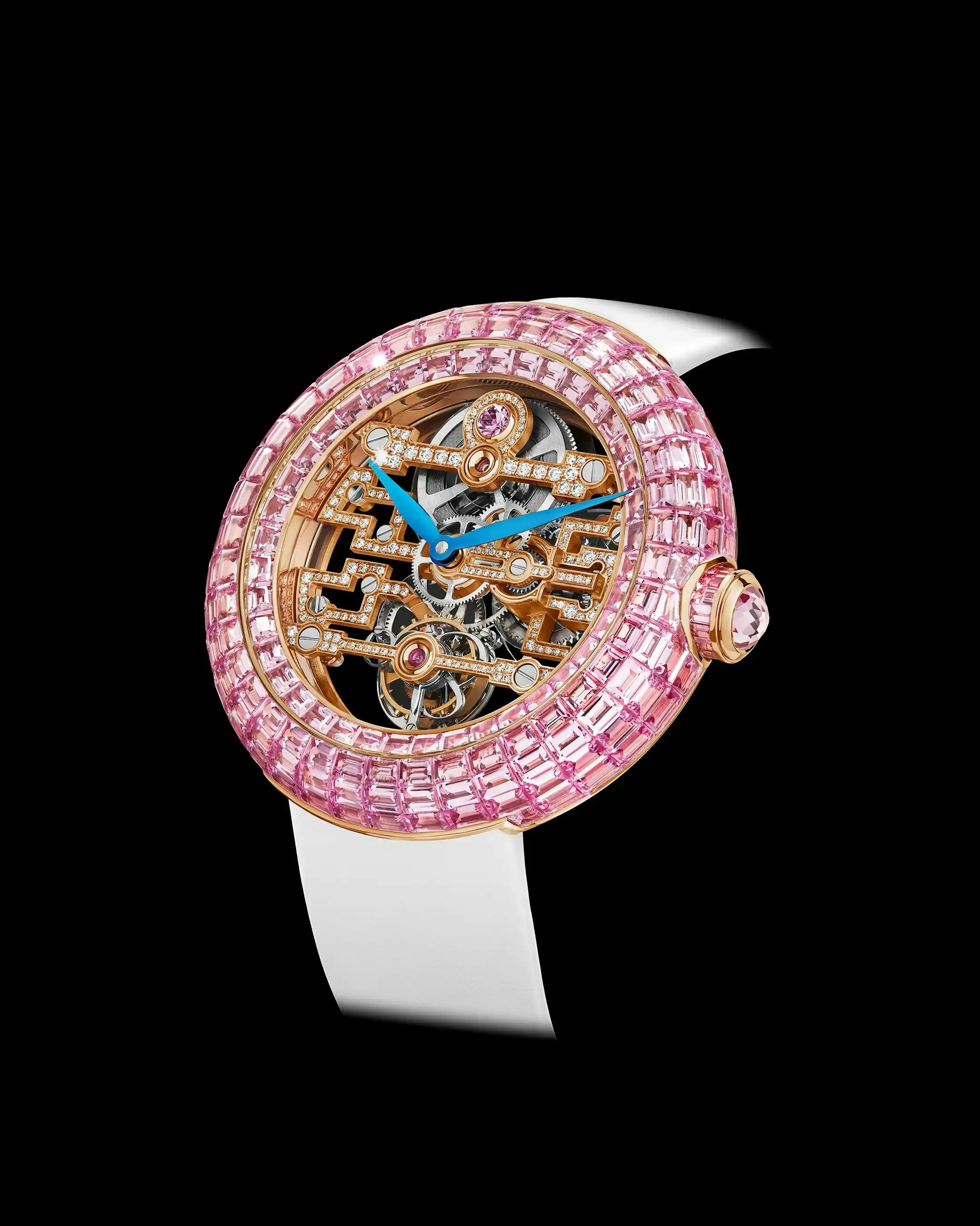 Angled view of the Brilliant Tourbillon Art Deco in pink sapphire.