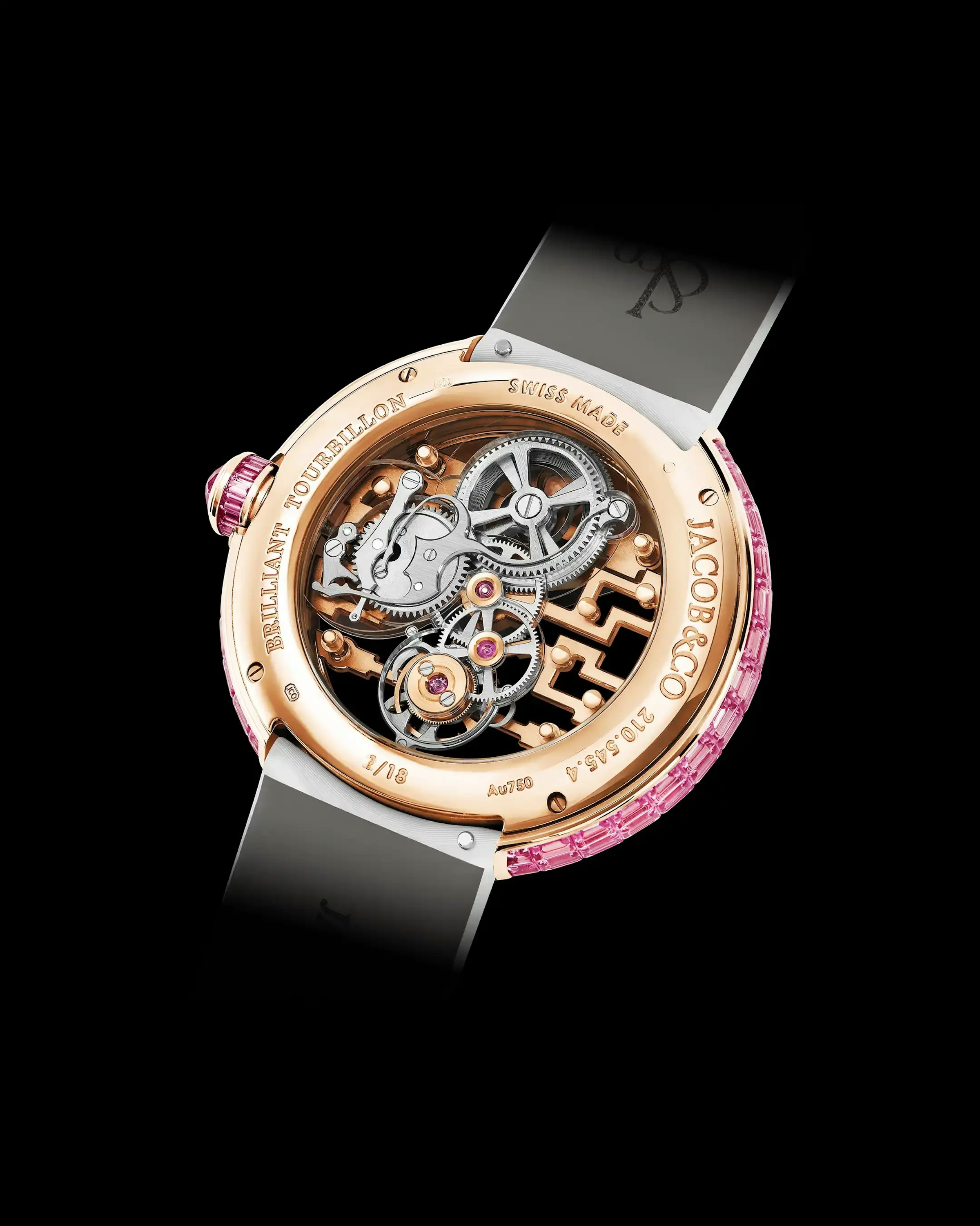 Close up of the caseback of the Brilliant Tourbillon Art Deco in pink sapphire.