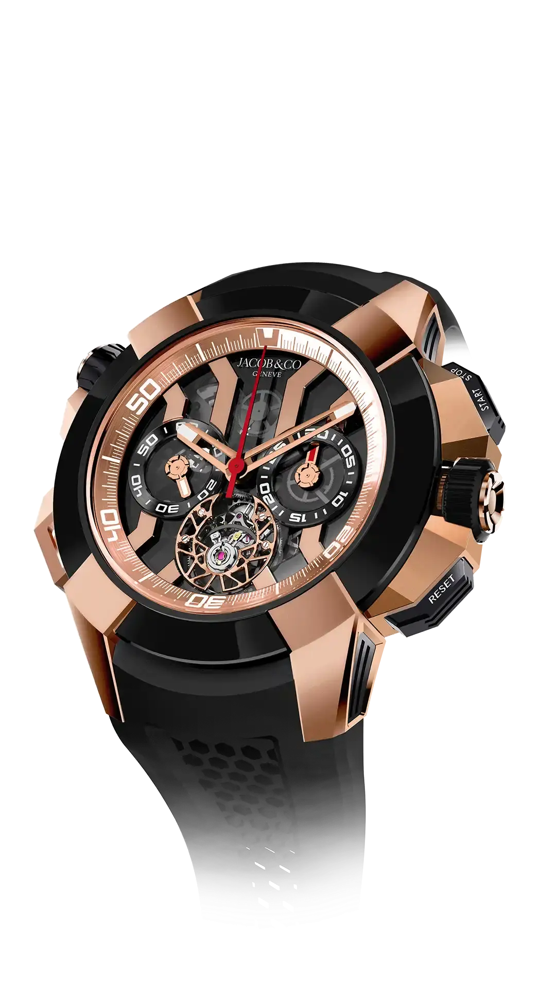 The rose gold Epic X Chrono Tourbillon, with a black ceramic bezel and black crowns and pushers.
