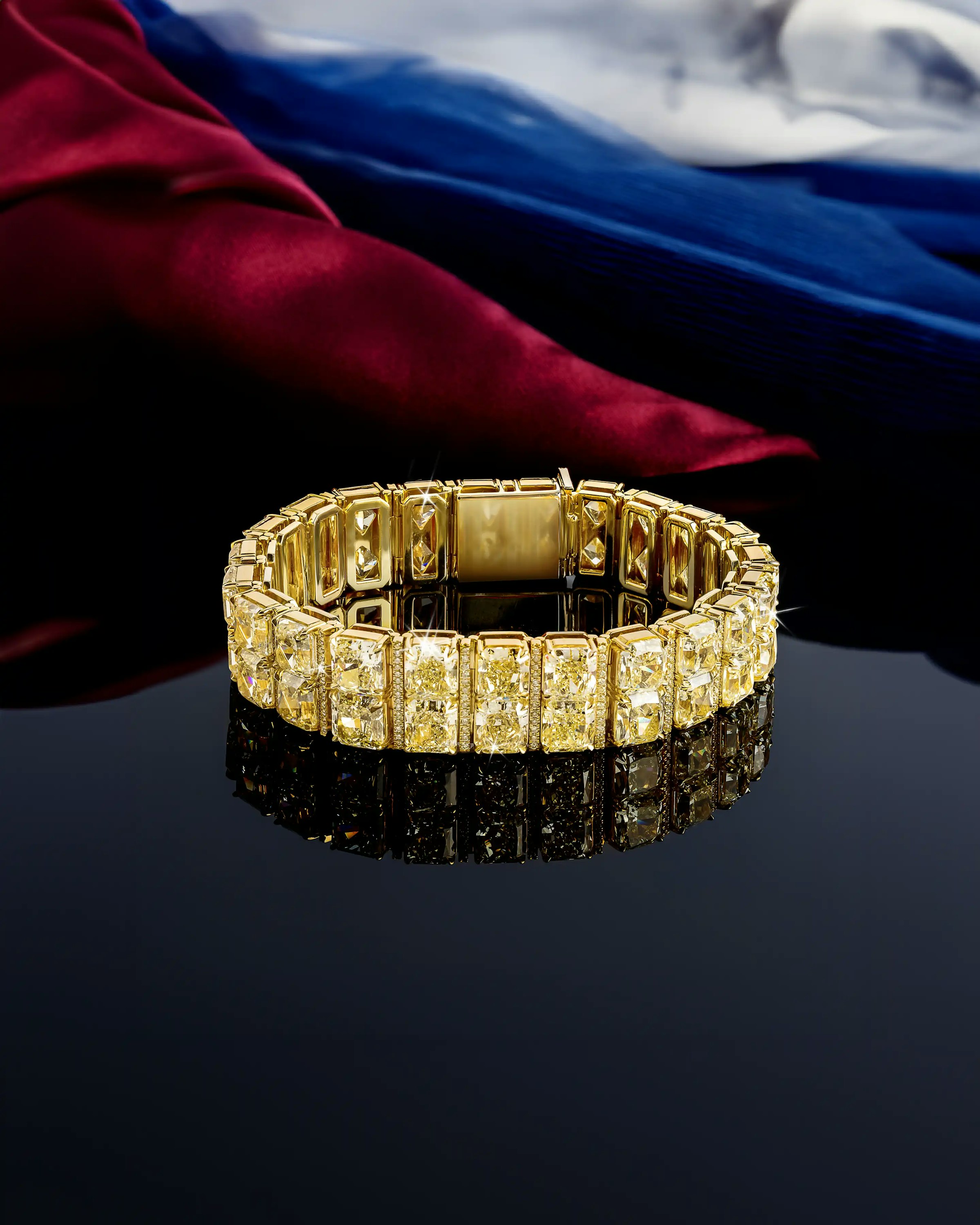 the bracelet, clasped, propped on a surface