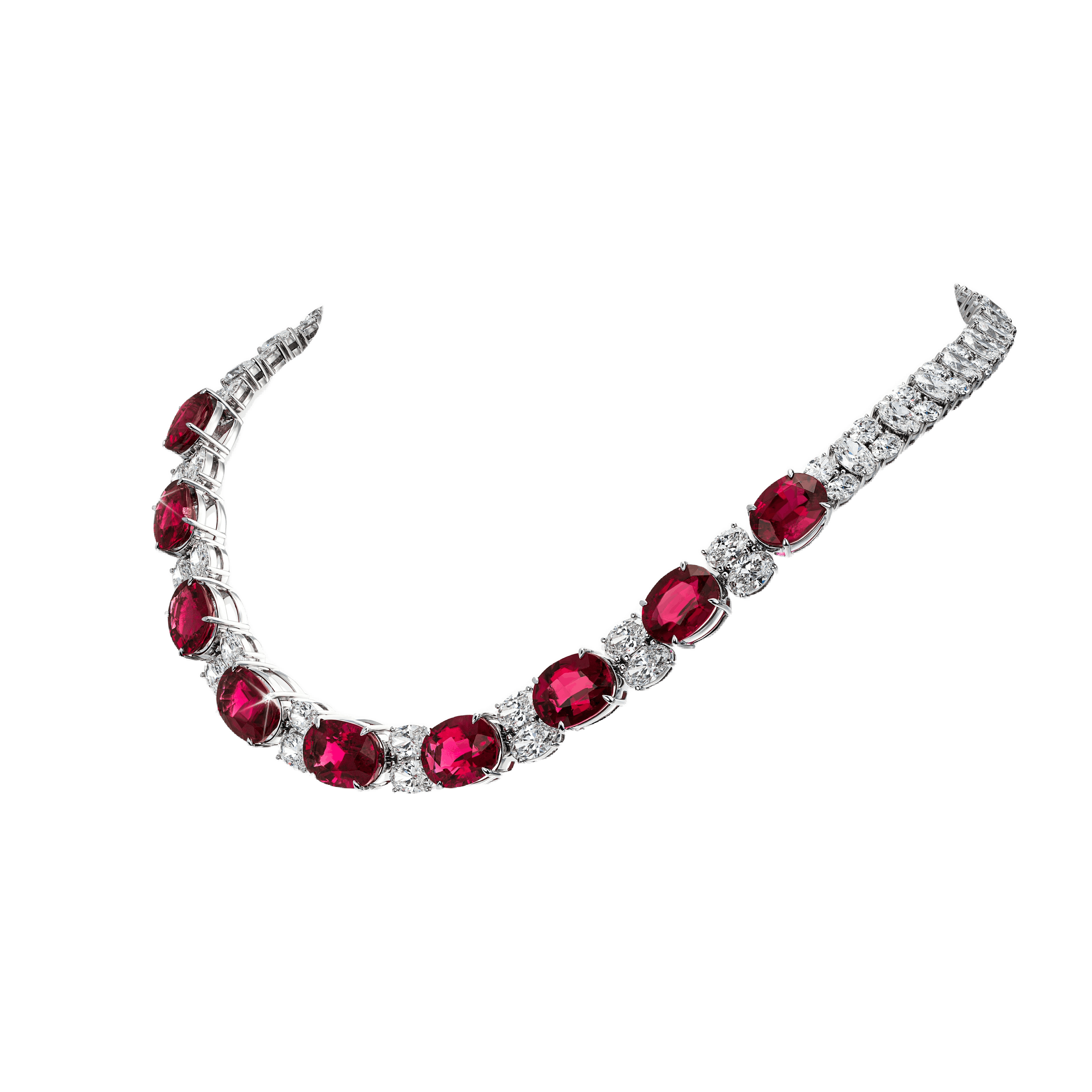 the necklace, suspended in the air, tilted to the lefthand side.