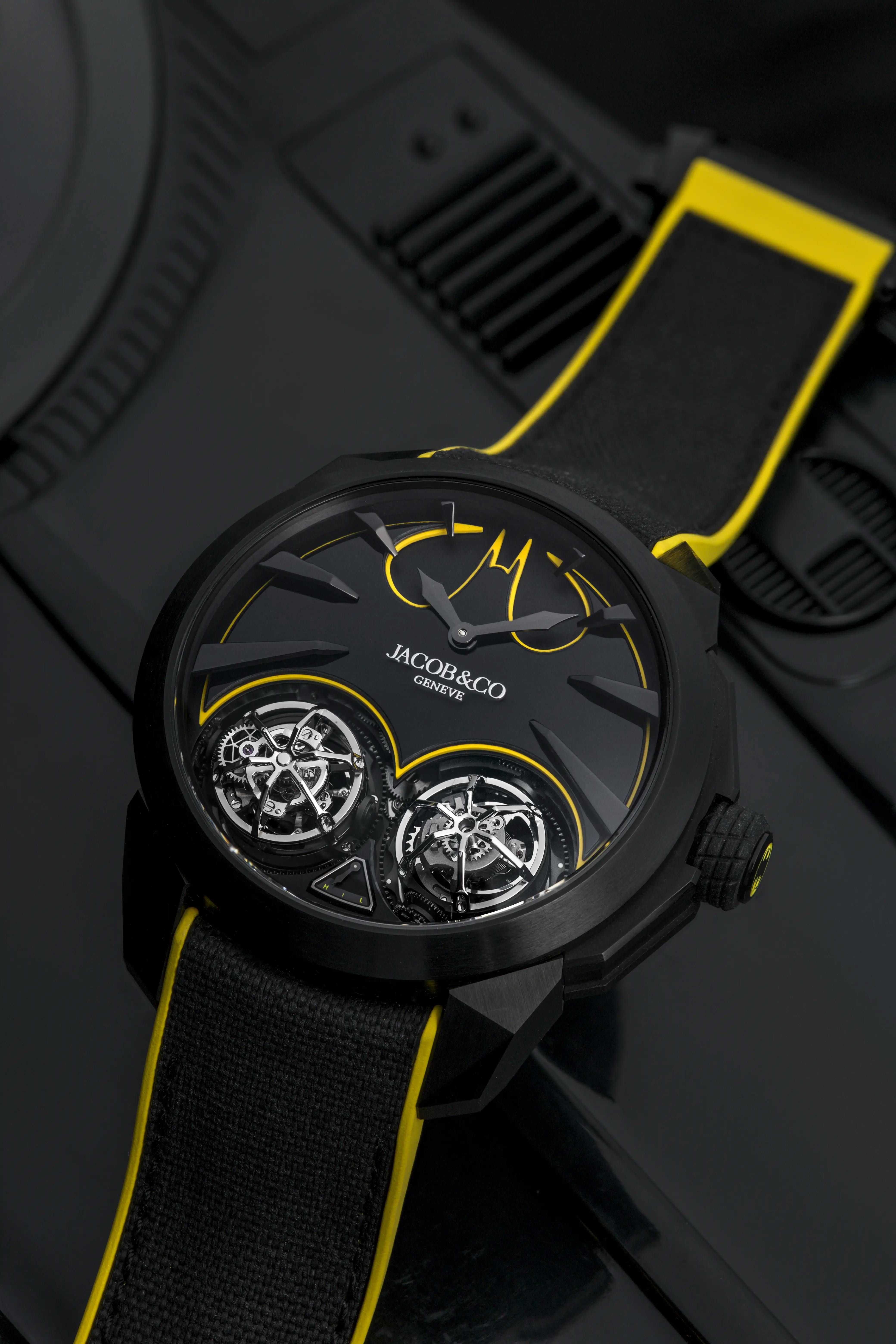 An image of the Black DLC Titanium variant of the Gotham City watch laid flat on a surface