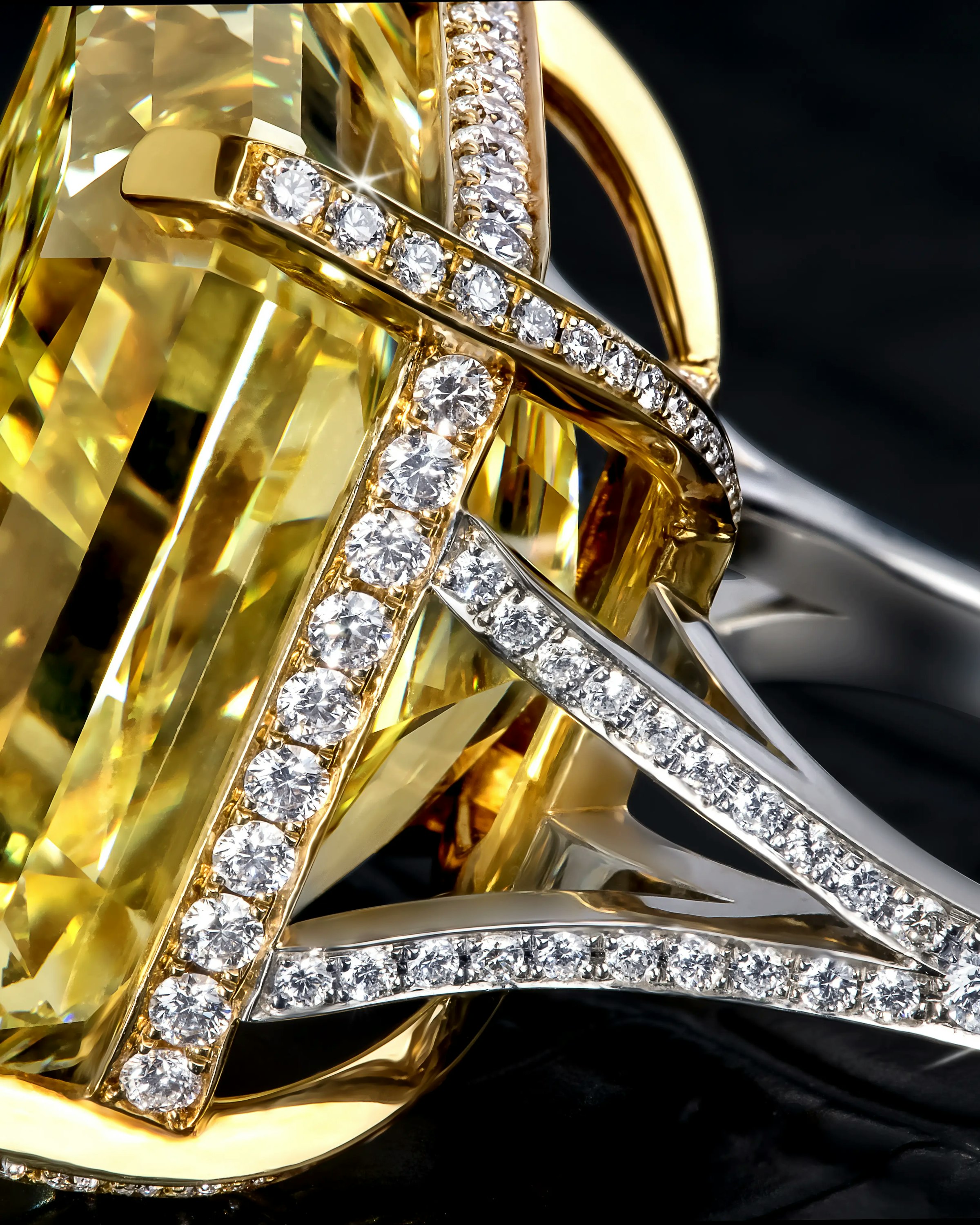 close up view of the great yellow diamond ring band.