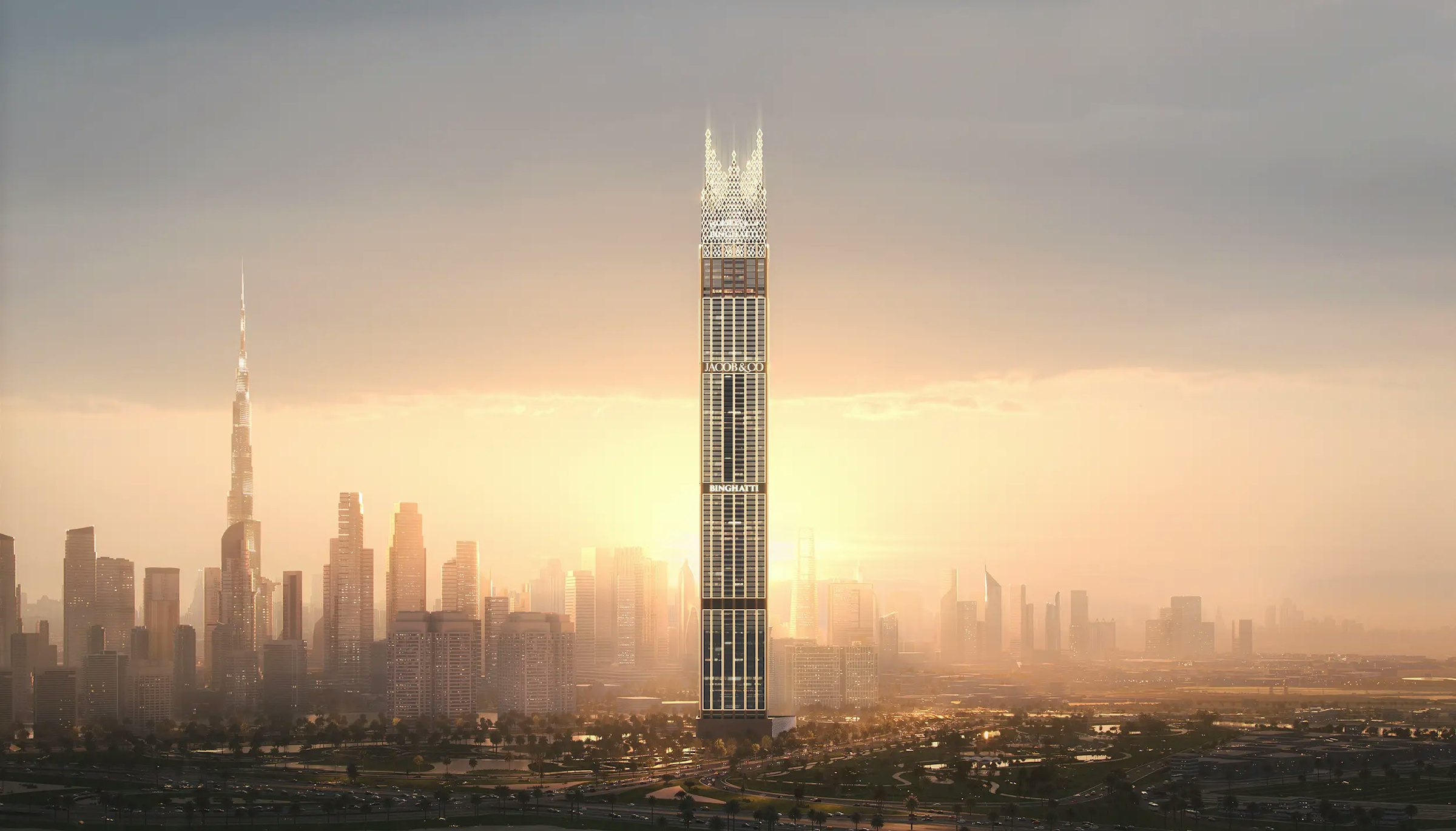An image of a tall building with sunset on the background