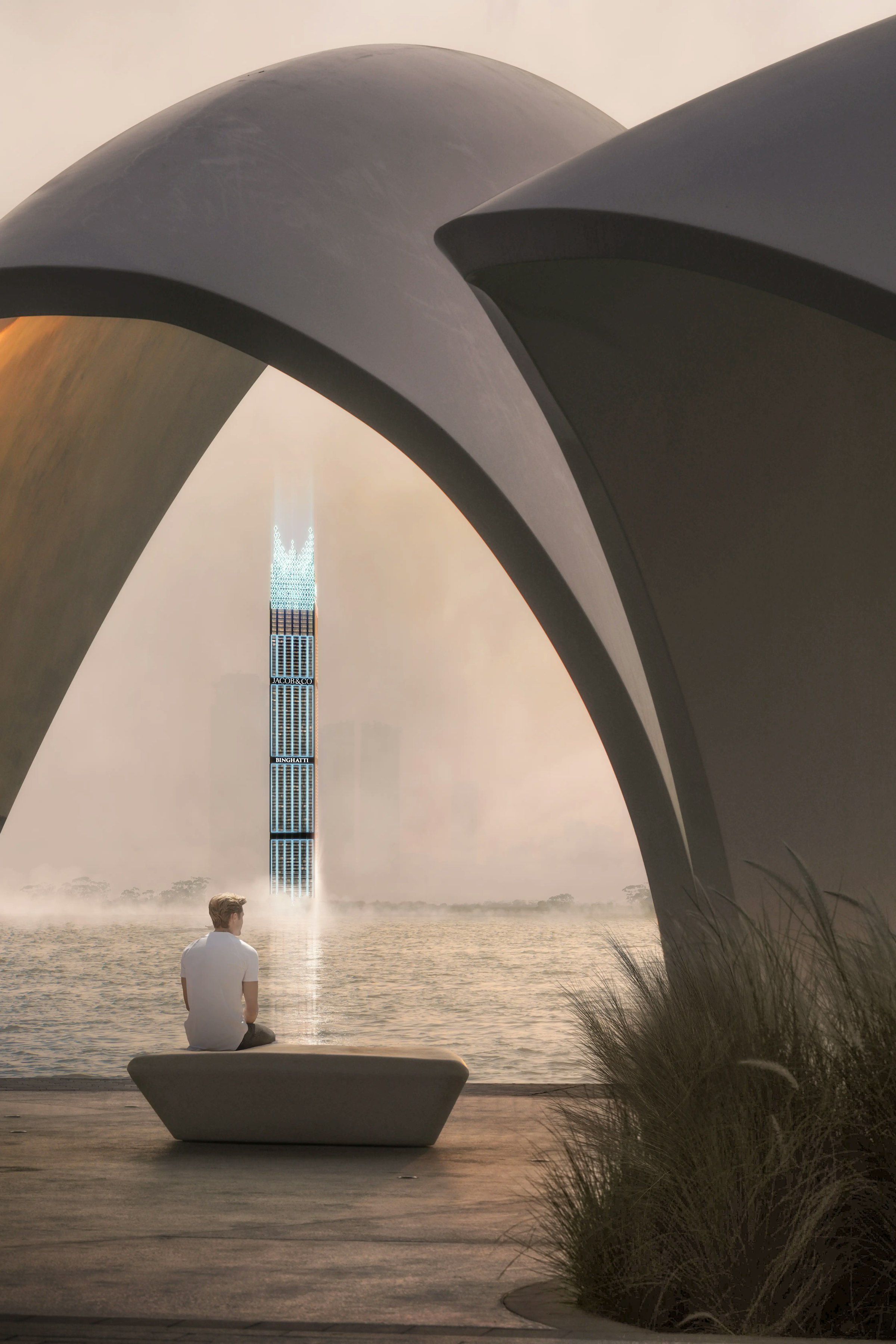 An image of a man sitting on a bench staring at a view of a lake and a distant tall building