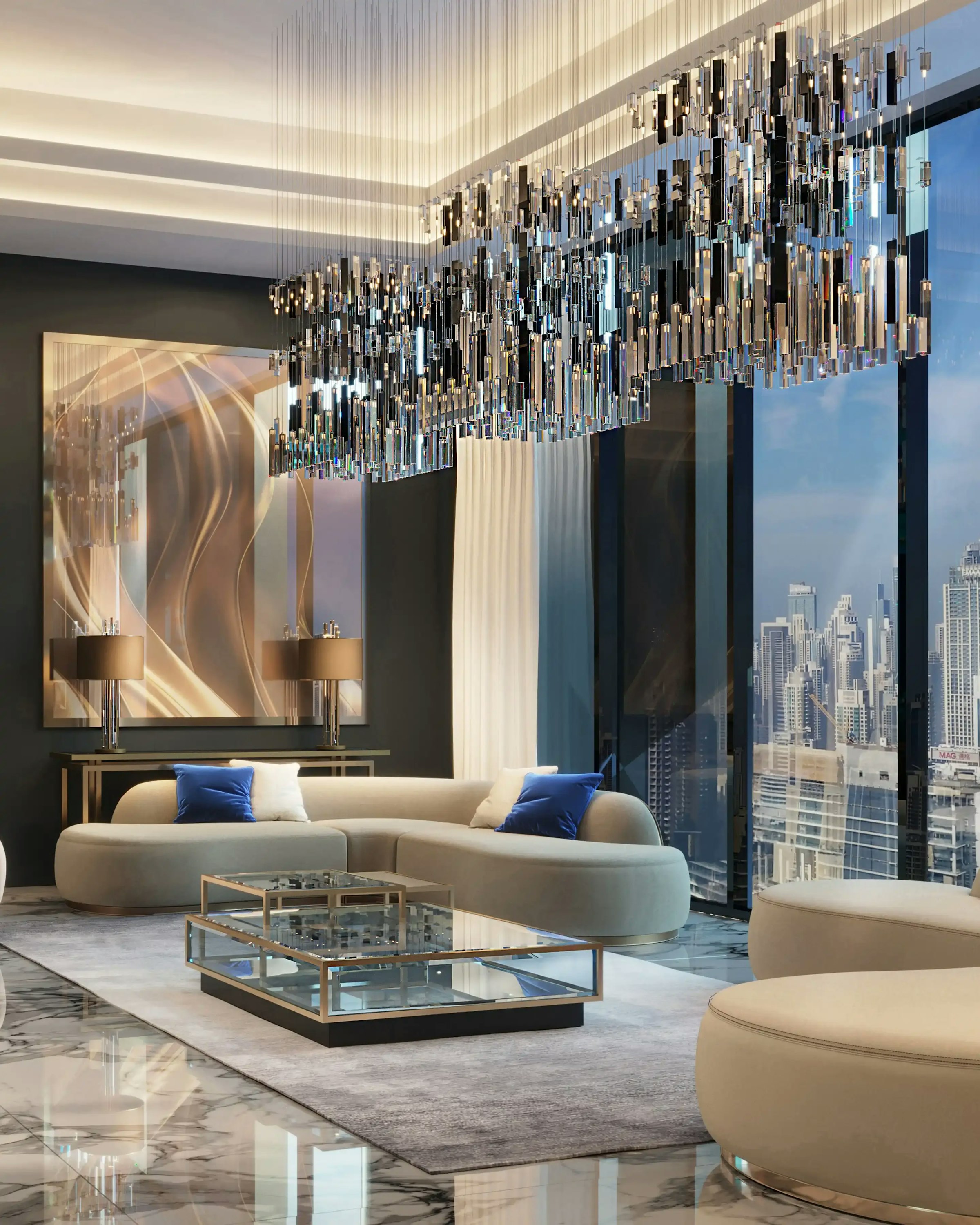 Image of a living room with couch, center table and chandelier