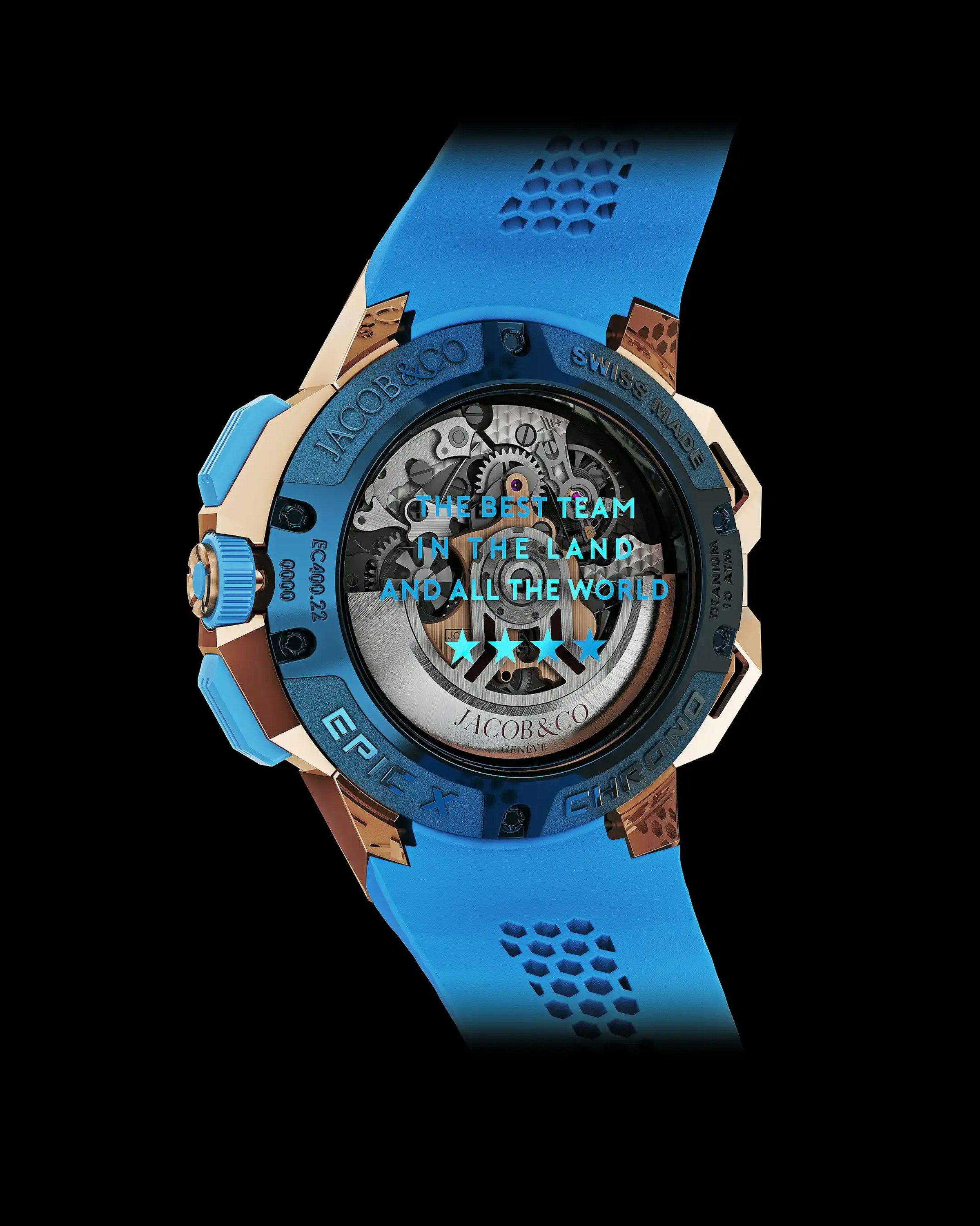 The Epic X Chrono 44 Edition Manchester City in Rose Gold, with a blue ceramic bezel and rose gold case.