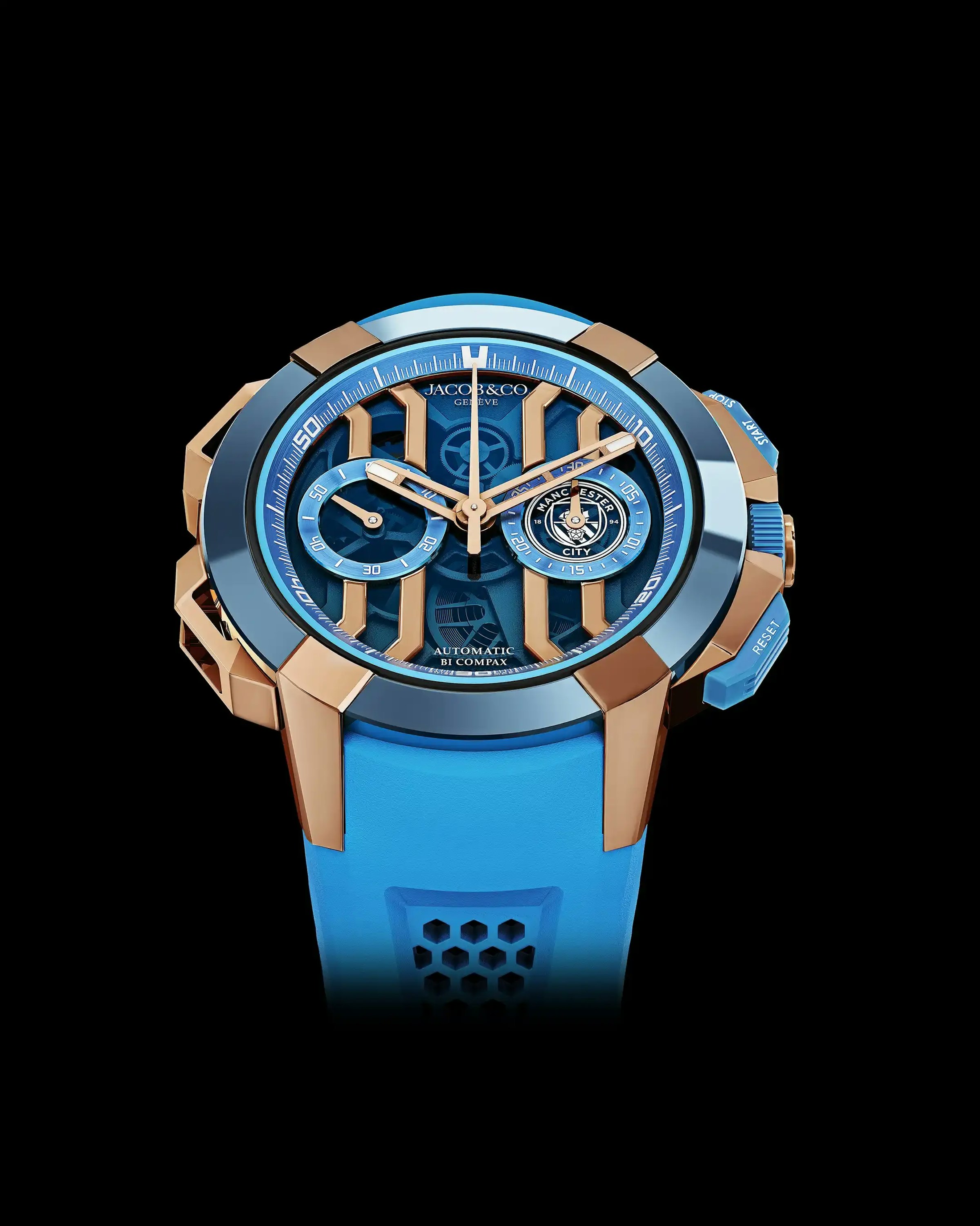 The Epic X Chrono 44 Edition Manchester City in Rose Gold, with a blue ceramic bezel and rose gold case.
