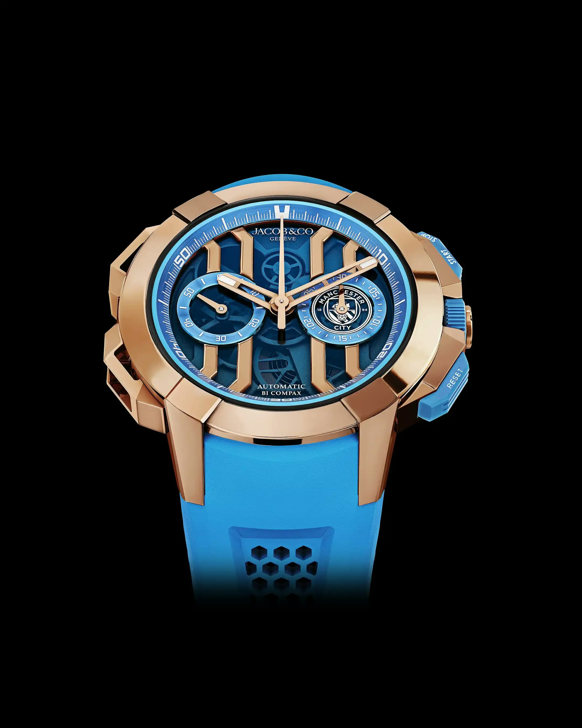 The Epic X Chrono 44 Edition Manchester City in Rose Gold, with a complete rose gold case and bezel and light blue details.