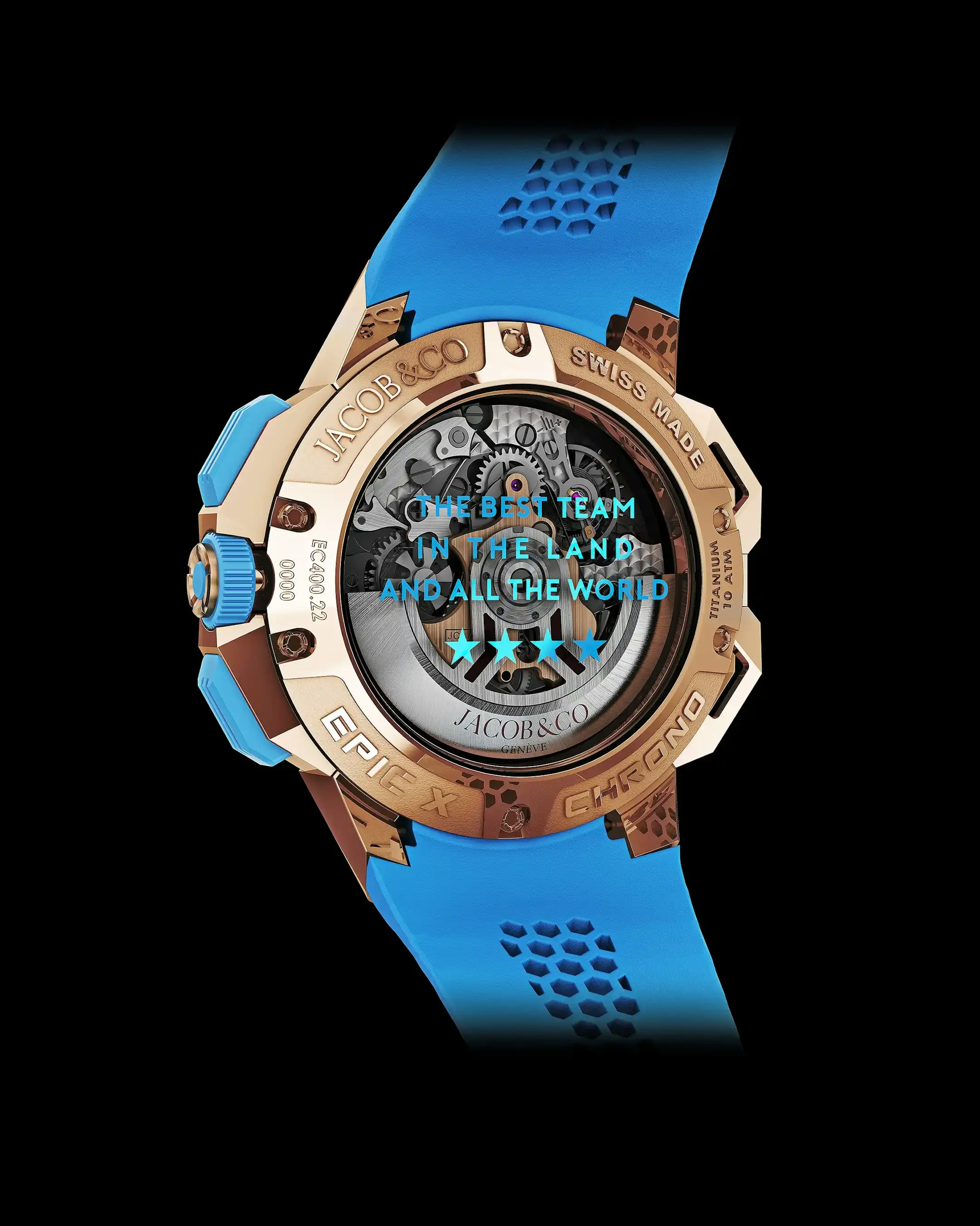 Caseback of the Epic X Chrono 44 Edition Manchester City in Rose Gold, with an inscription that says "The best team in the land and all the world"