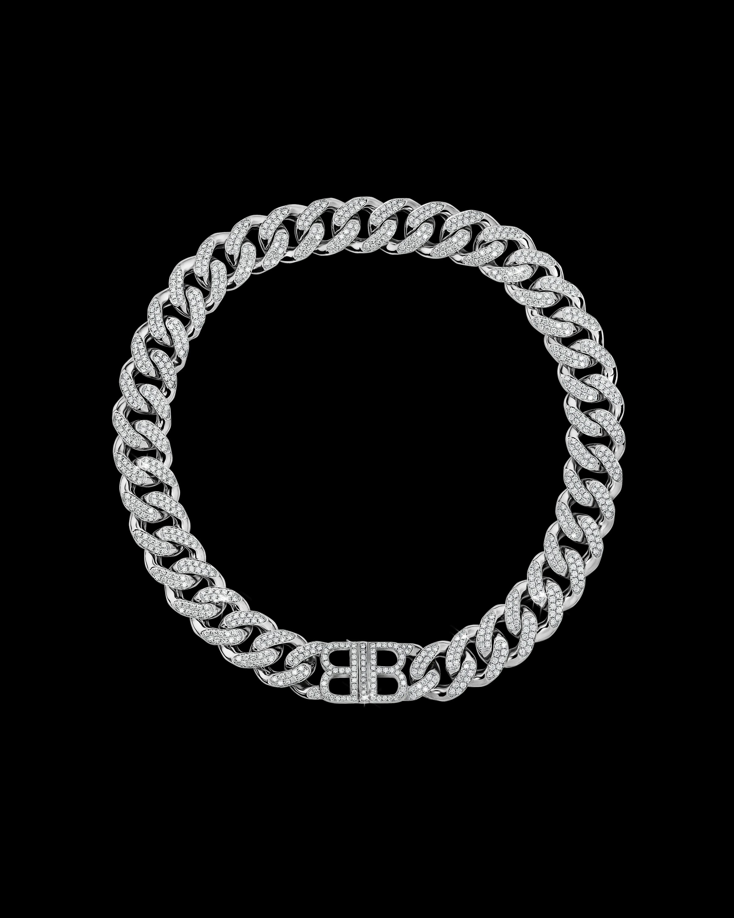 An aerial view of a diamond-studded chain jewelry