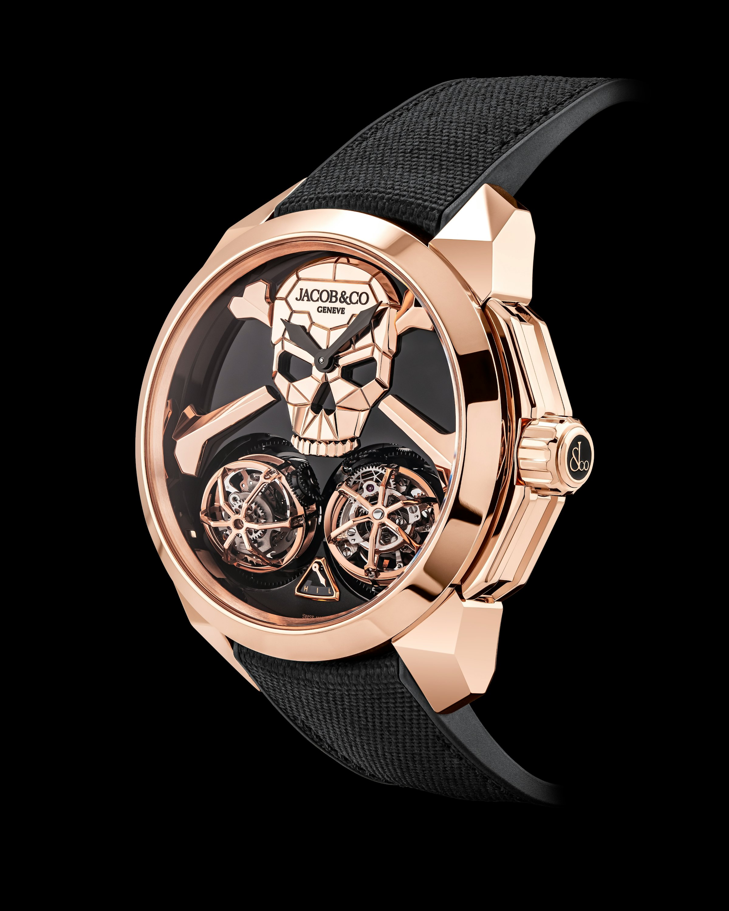 Angled view of the Skull Double Tourbillon watch
