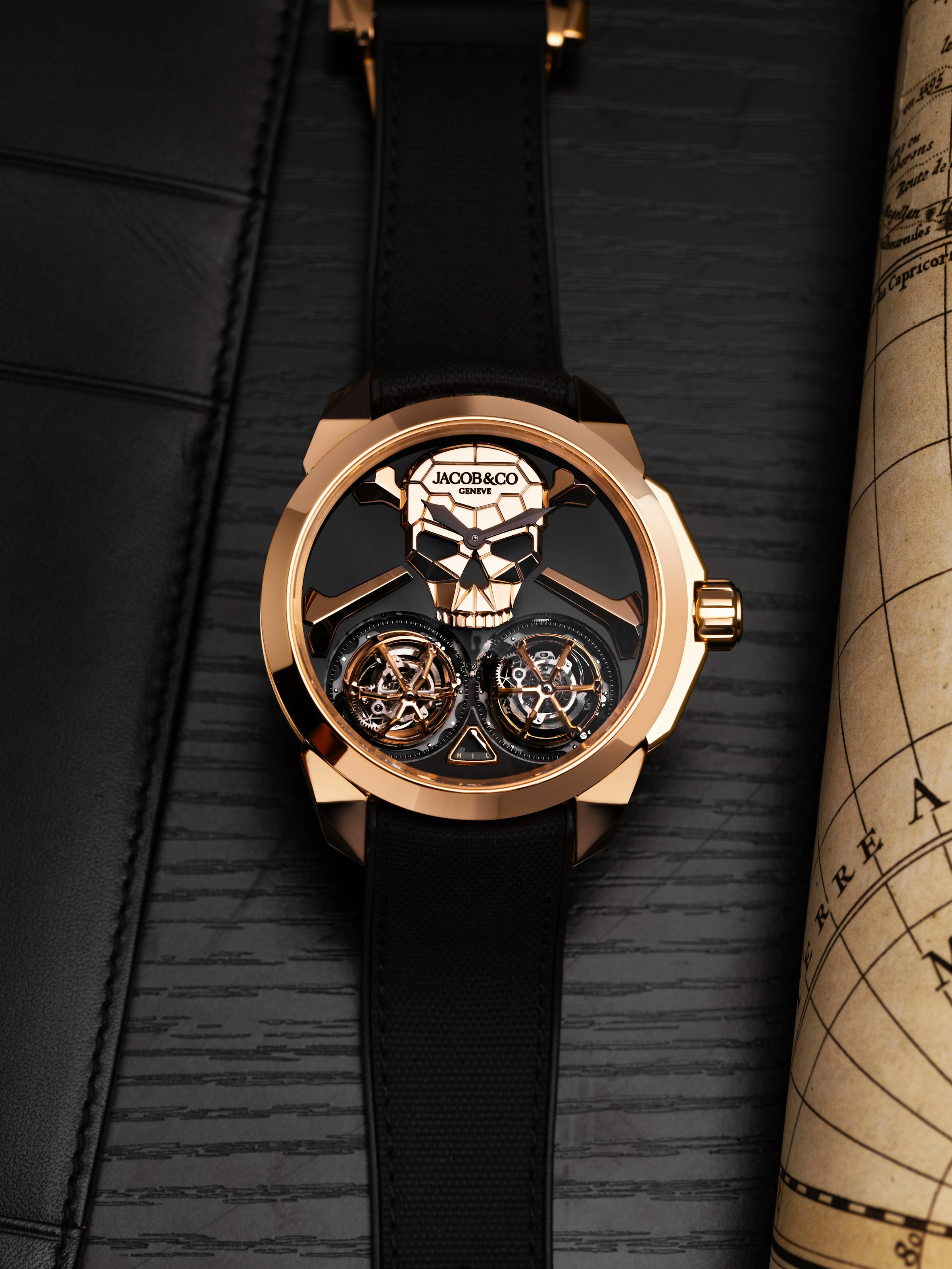 Front facing image of the Skull Double Tourbillon laid on a surface