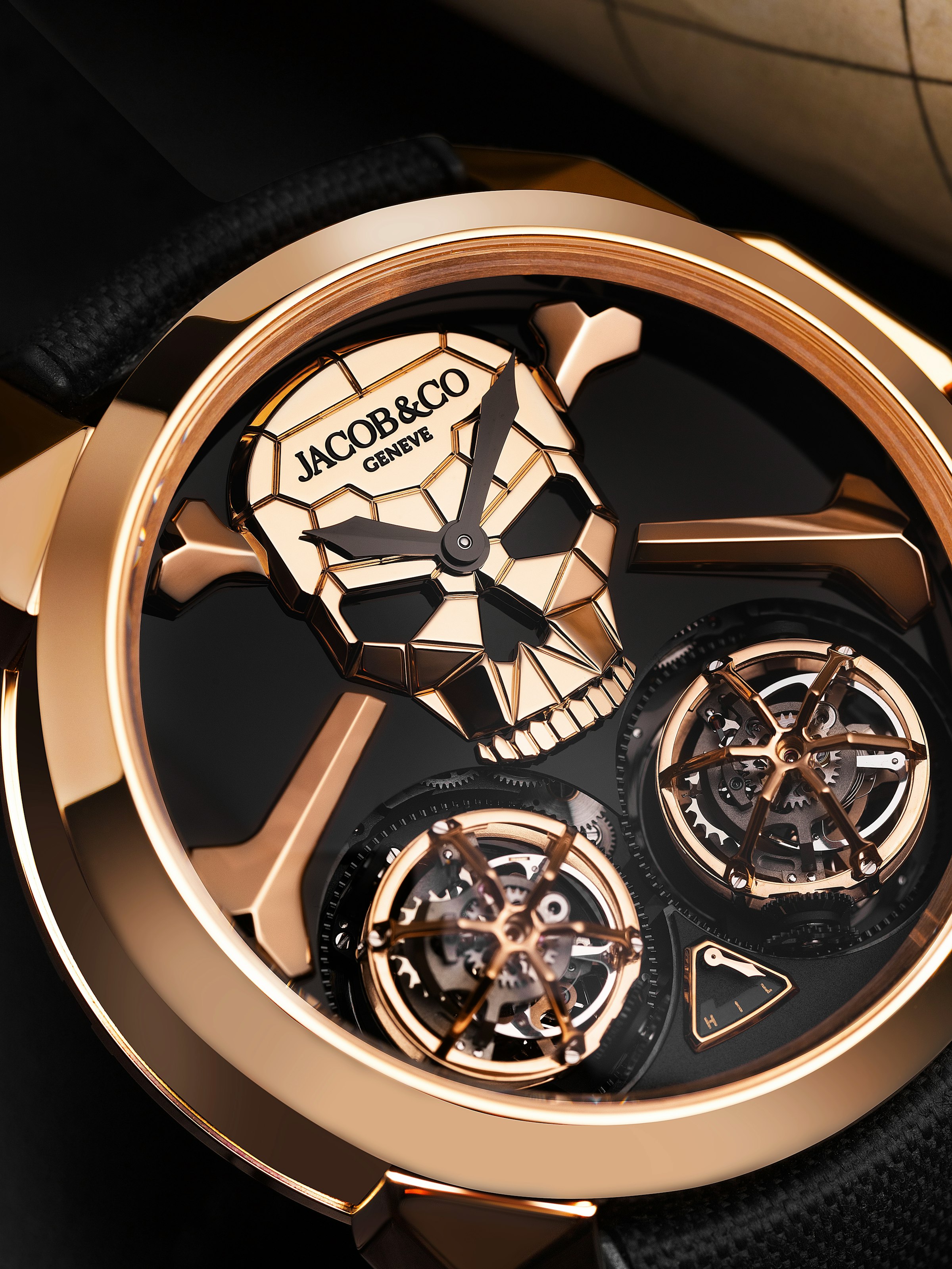Close-up image of the Skull Double Tourbillon watch face