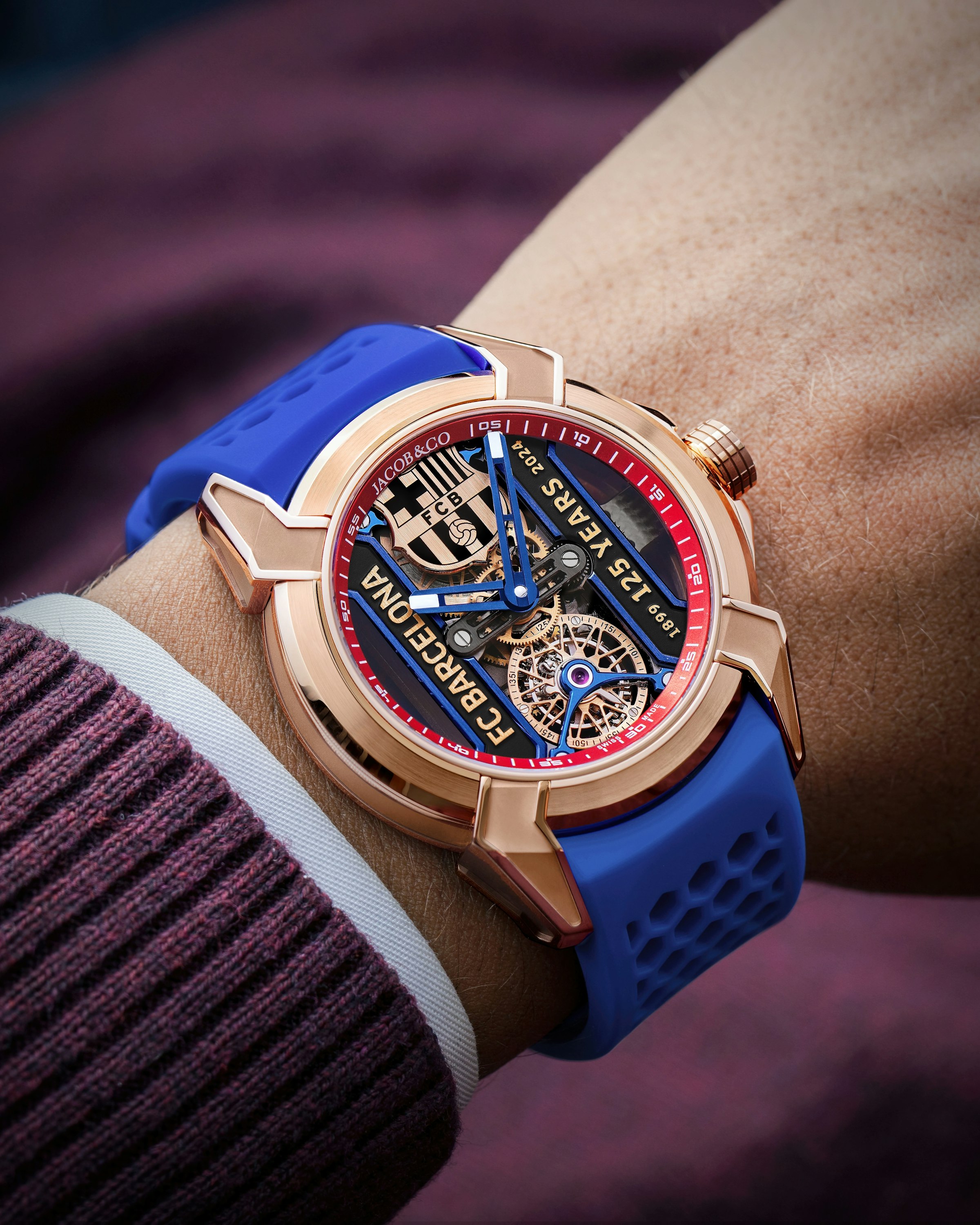 The FC Barcelona 125 Anniversary Epic X Tourbillon watch worn on the wrist