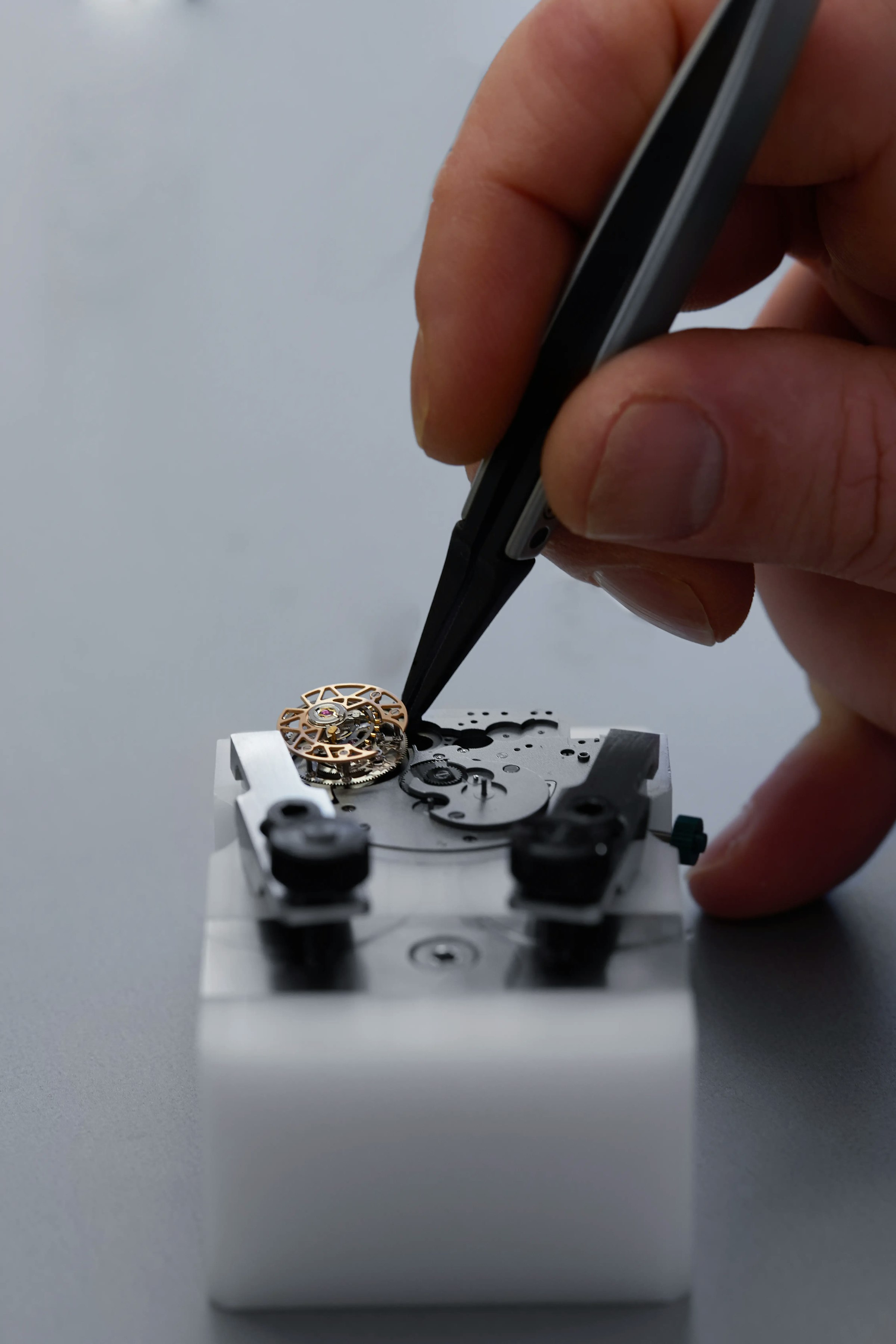 An image of a tourbillon being installed on a watch movement