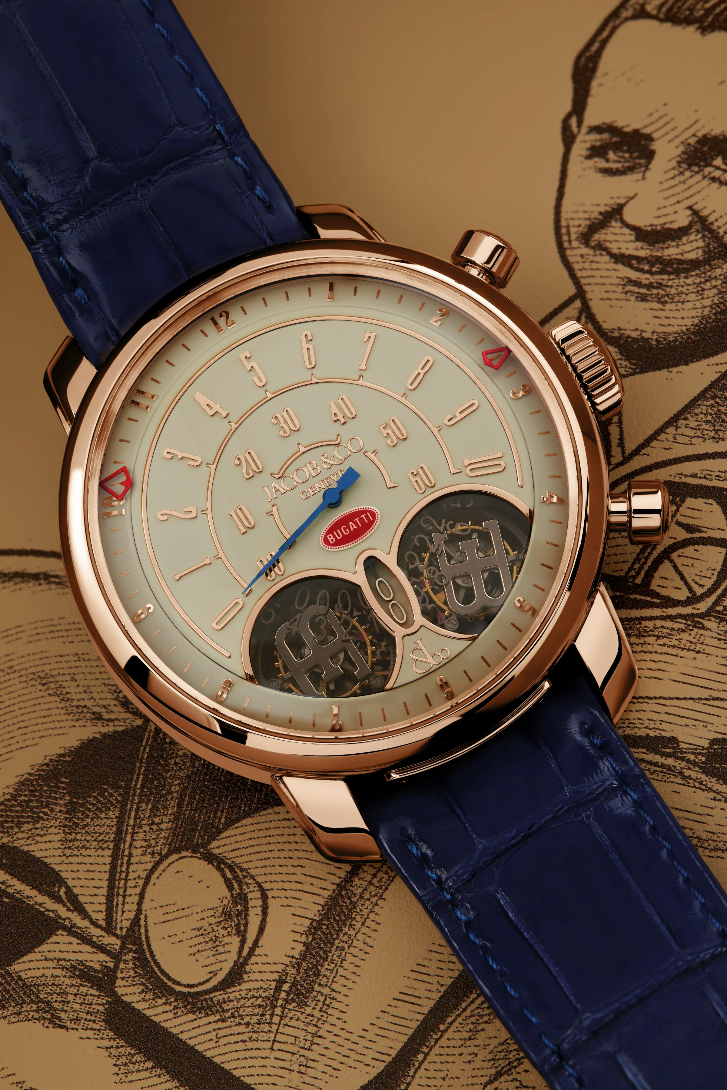 An image of the Jean Bugatti rose gold watch laid flat on a surface