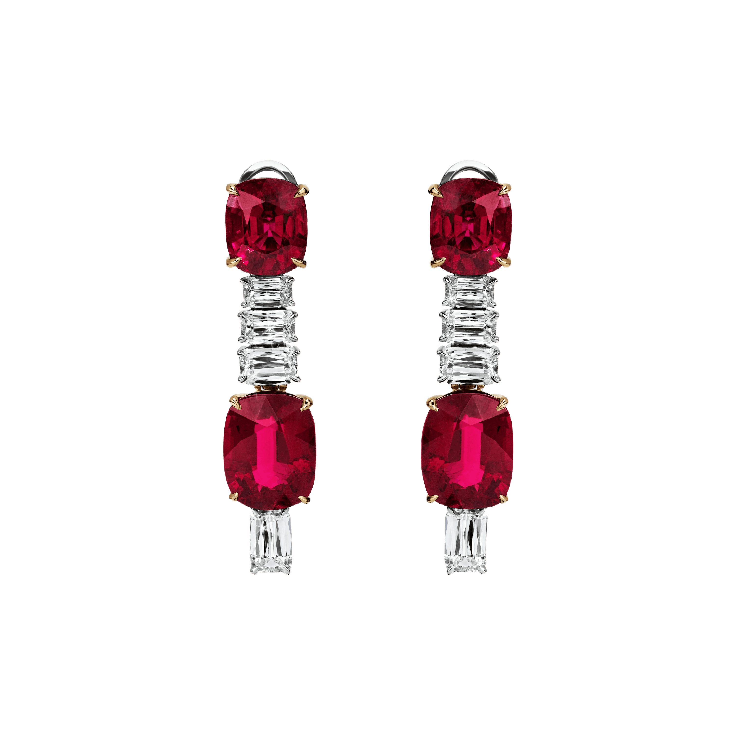 the crimson cascade earrings. two rubellite gems with three ashoka-cut diamongs in between them. the tail end of the earrings contains another ashoka diamond piece.
