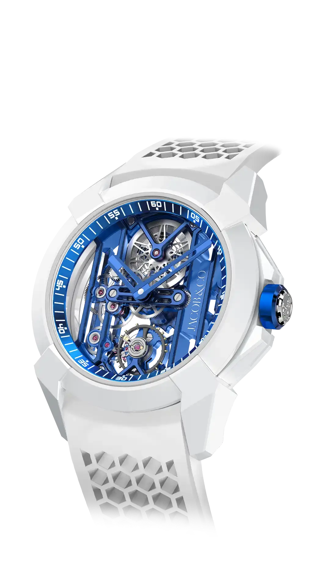 The white Epic X Ceramic, with a blue skeletonized dial and blue accents