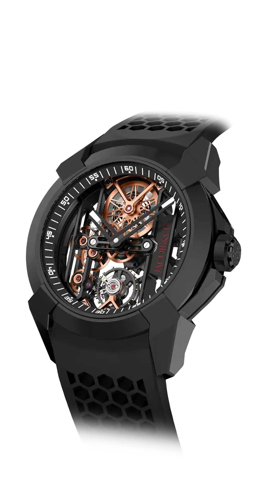 The black Epic X Ceramic, with a black skeletonized dial and rose-gold plated accents
