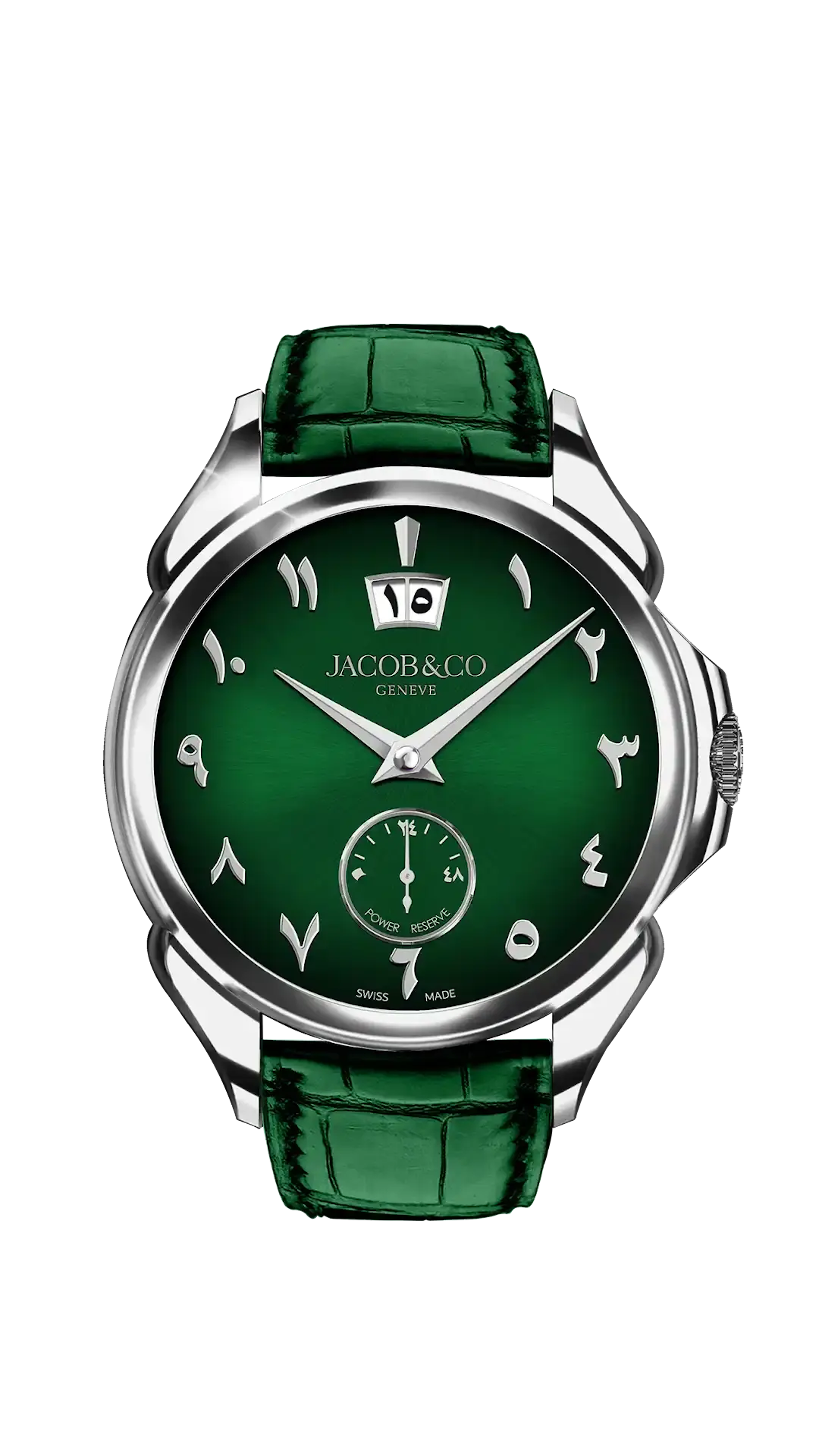 The stainless steel palatial classic with arabic front hour markers in green