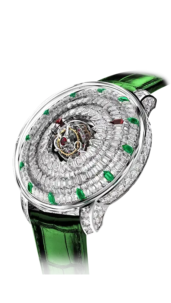 The white gold Mystery Tourbillon, with a diamond "dial", ruby hands, and tsavorite hour markers.
