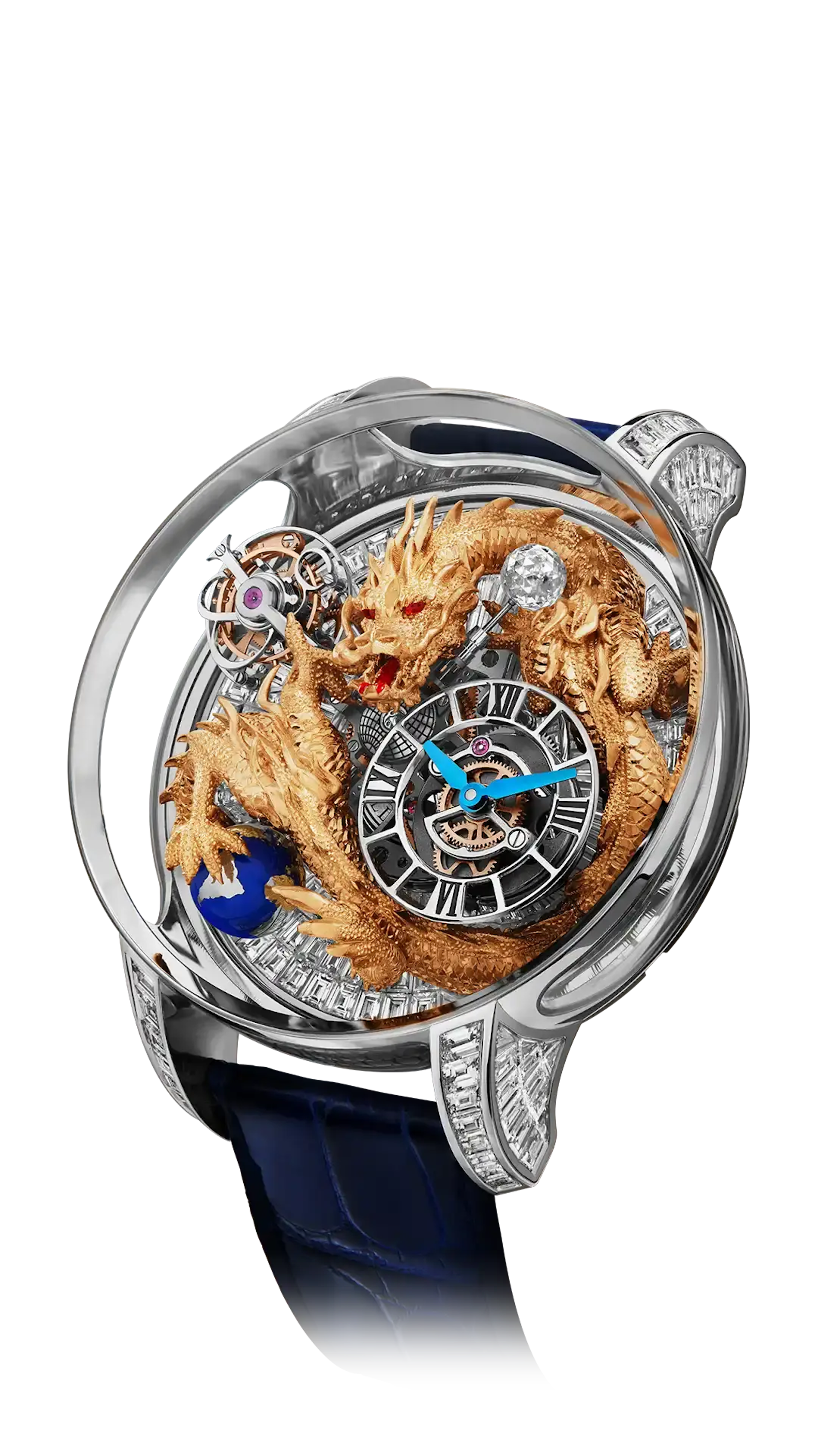 The white gold Astronomia Dragon. Within is a gold-painted dragon figurine above a baguette-cut, diamond-set base.