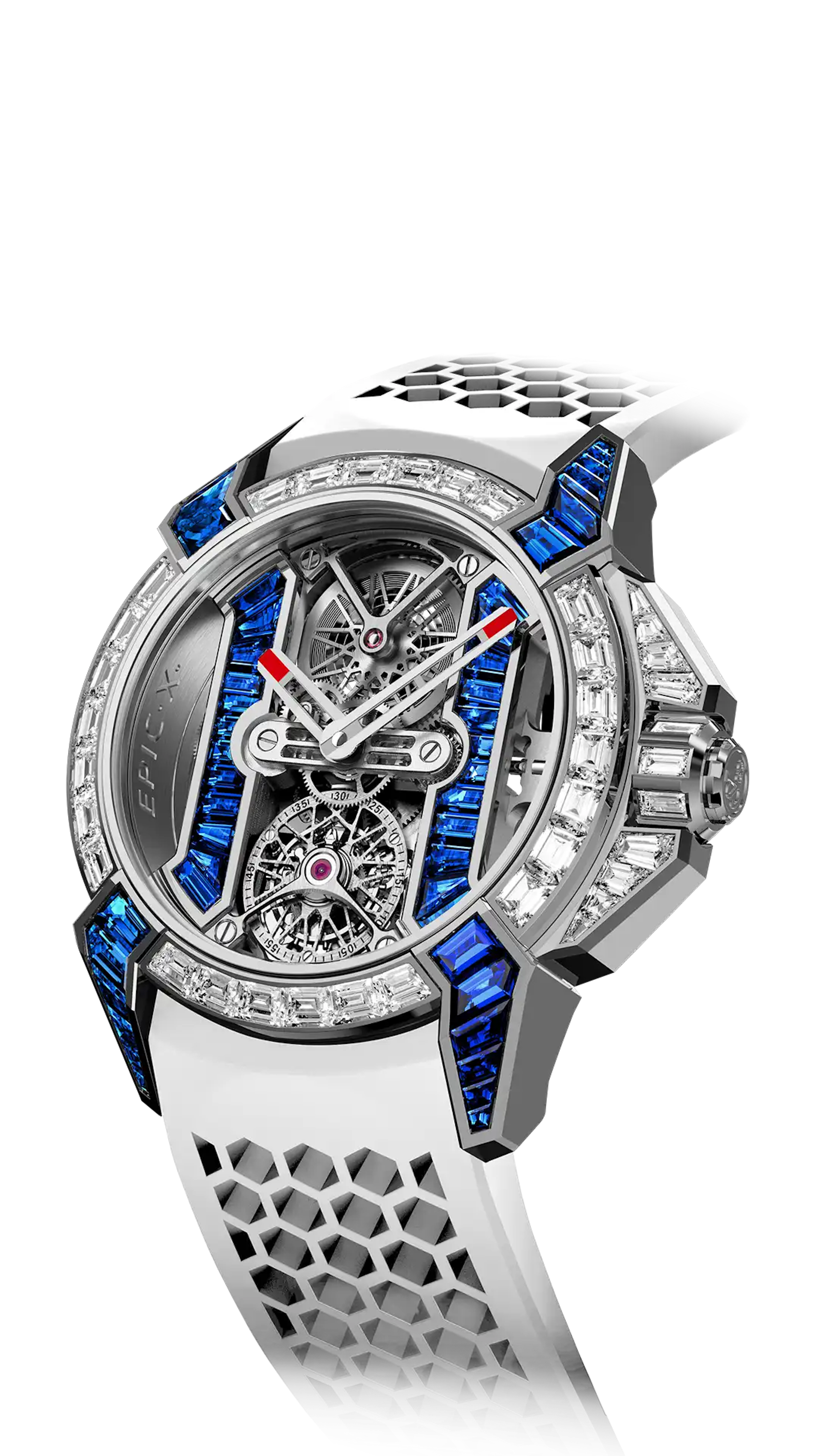 The white gold Epic X Bridges Baguette, with blue sapphire bridges and lugs