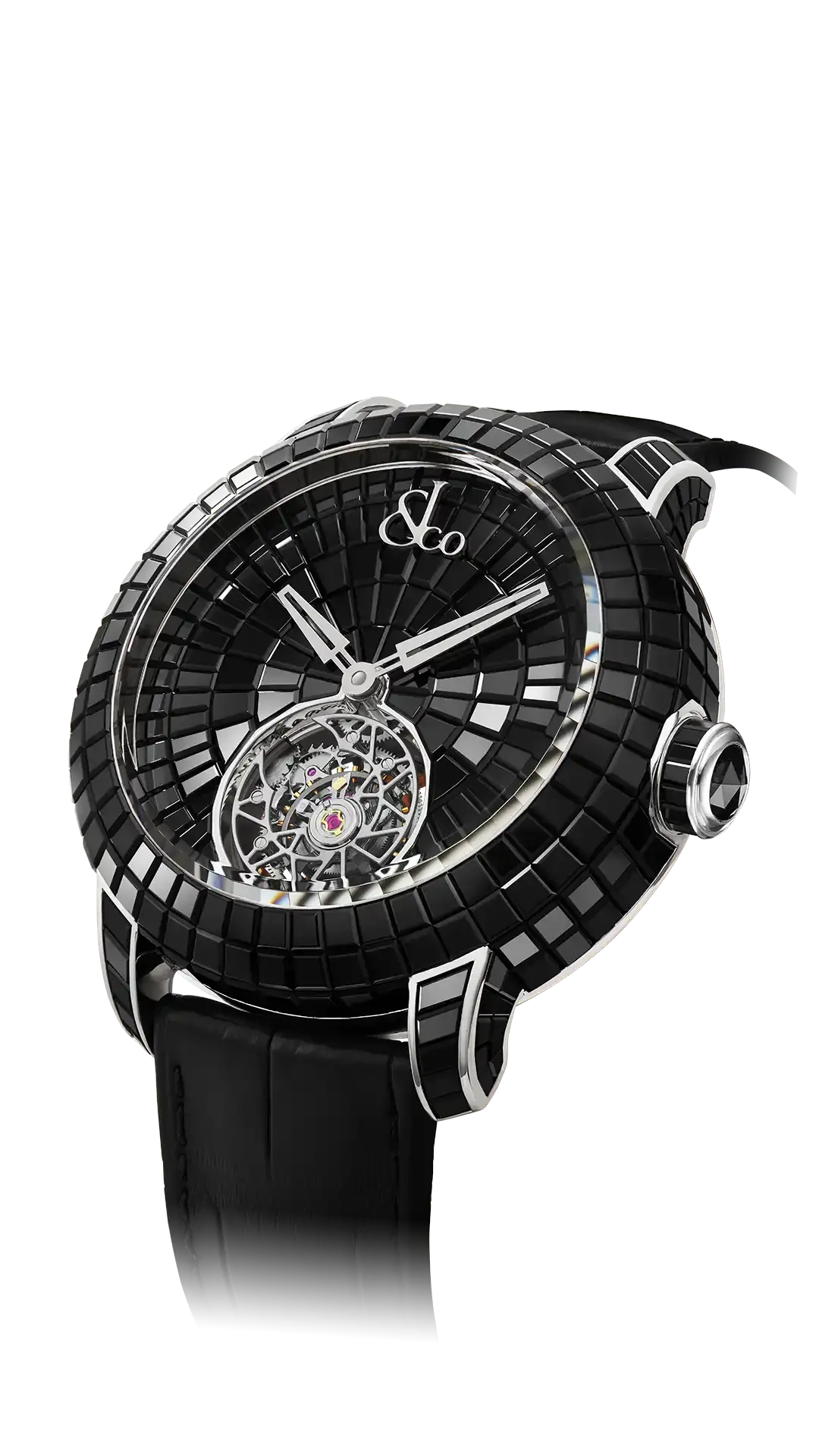 The white gold Caviar Tourbillon, set with baguette-cut black spinels.