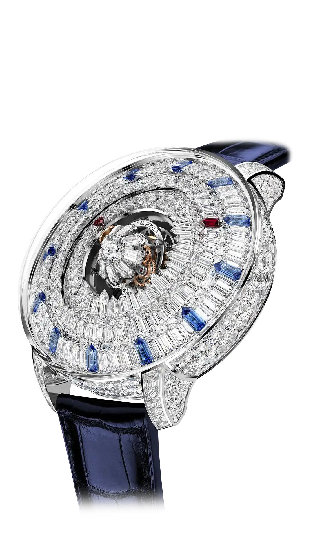 The white gold Mystery Tourbillon, with a white diamond "dial", ruby hands, blue sapphire hour markers, and polygonal diamonds in the tourbillon