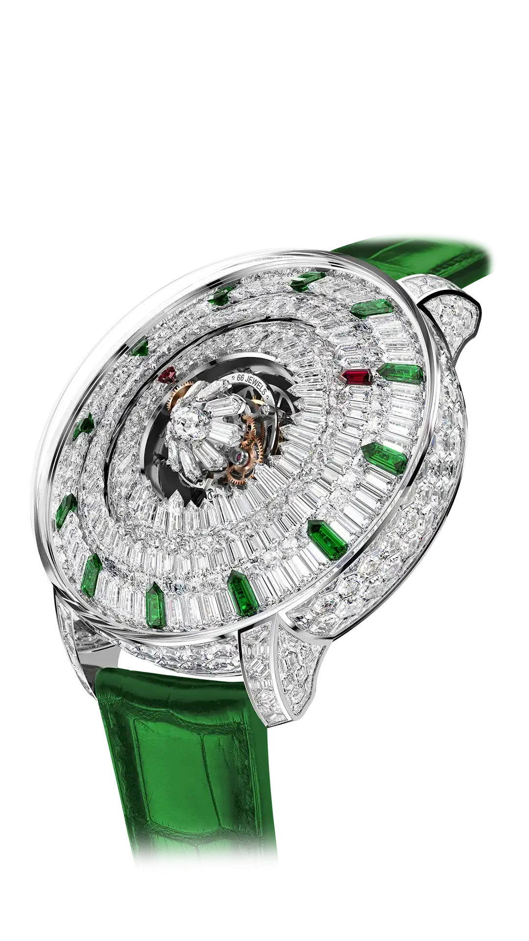 The white gold Mystery Tourbillon, with a white diamond "dial", ruby hands, tsavorite hour markers, and polygonal diamonds in the tourbillon