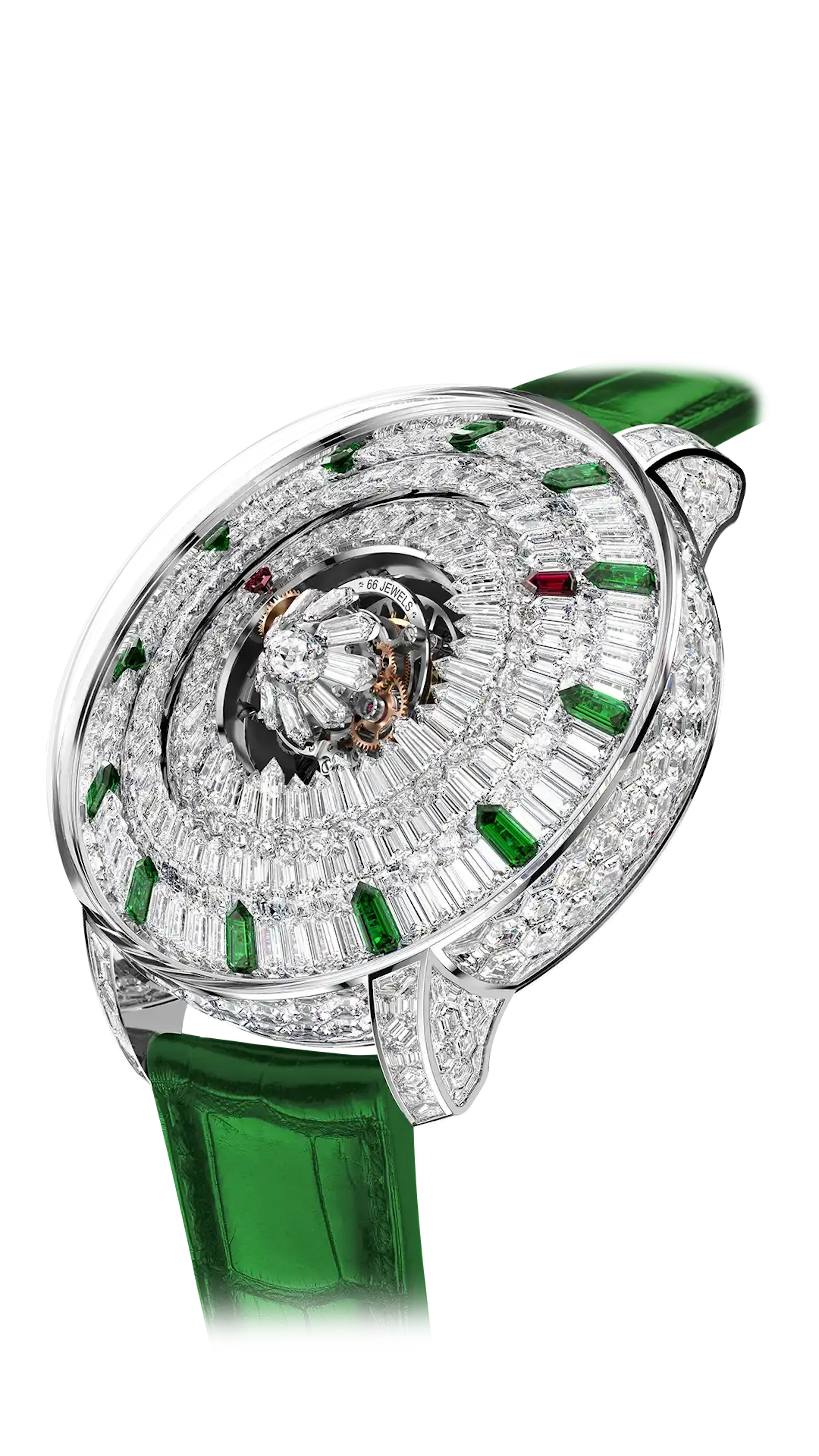 The white gold Mystery Tourbillon, with a white diamond "dial", ruby hands, tsavorite hour markers, and polygonal diamonds in the tourbillon