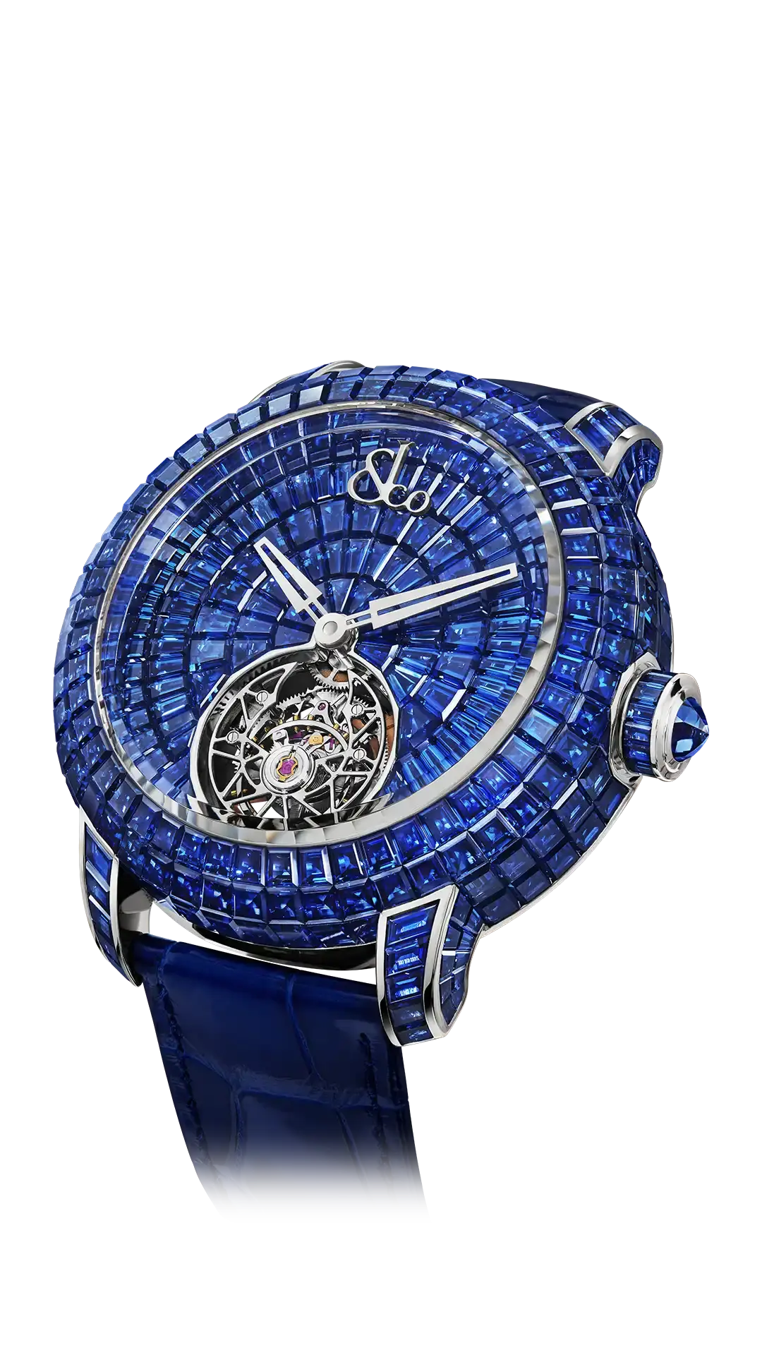 The white gold Caviar Tourbillon, set with baguette-cut blue sapphires.