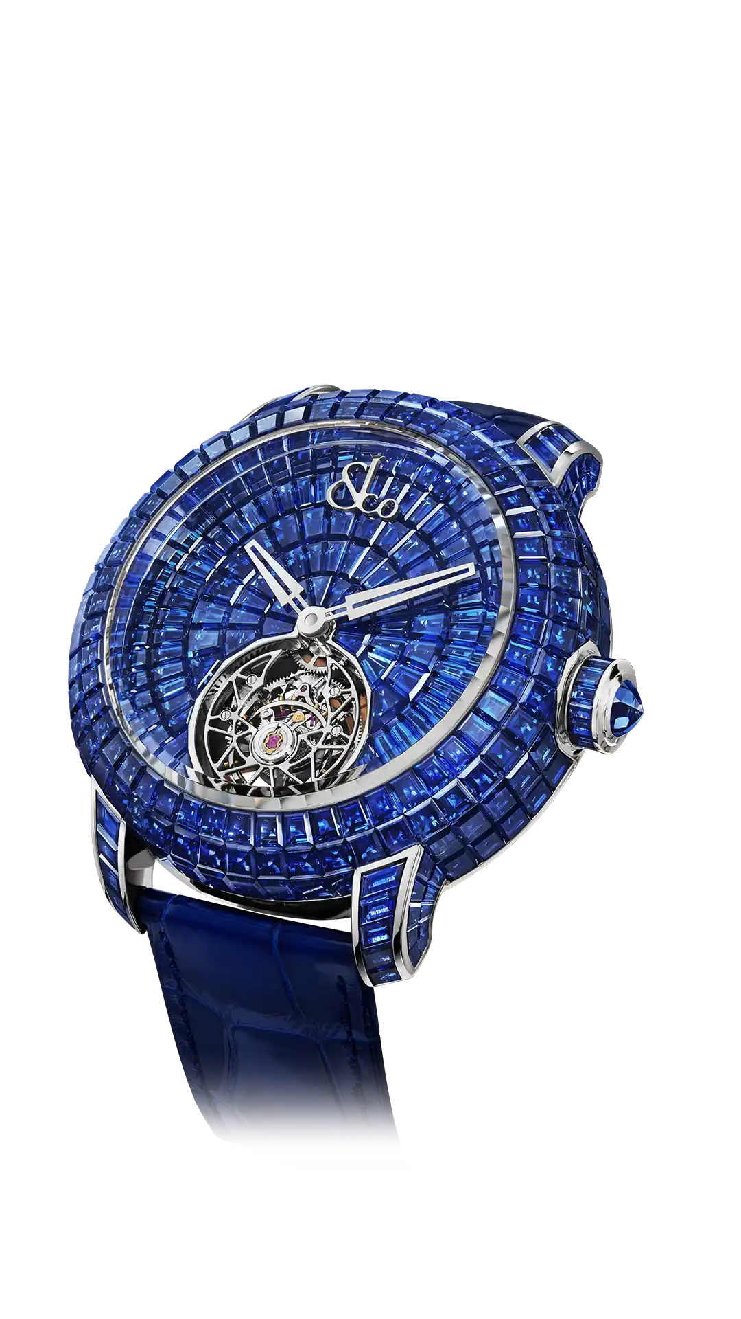 The white gold Caviar Tourbillon, set with blue sapphires in 44mm case