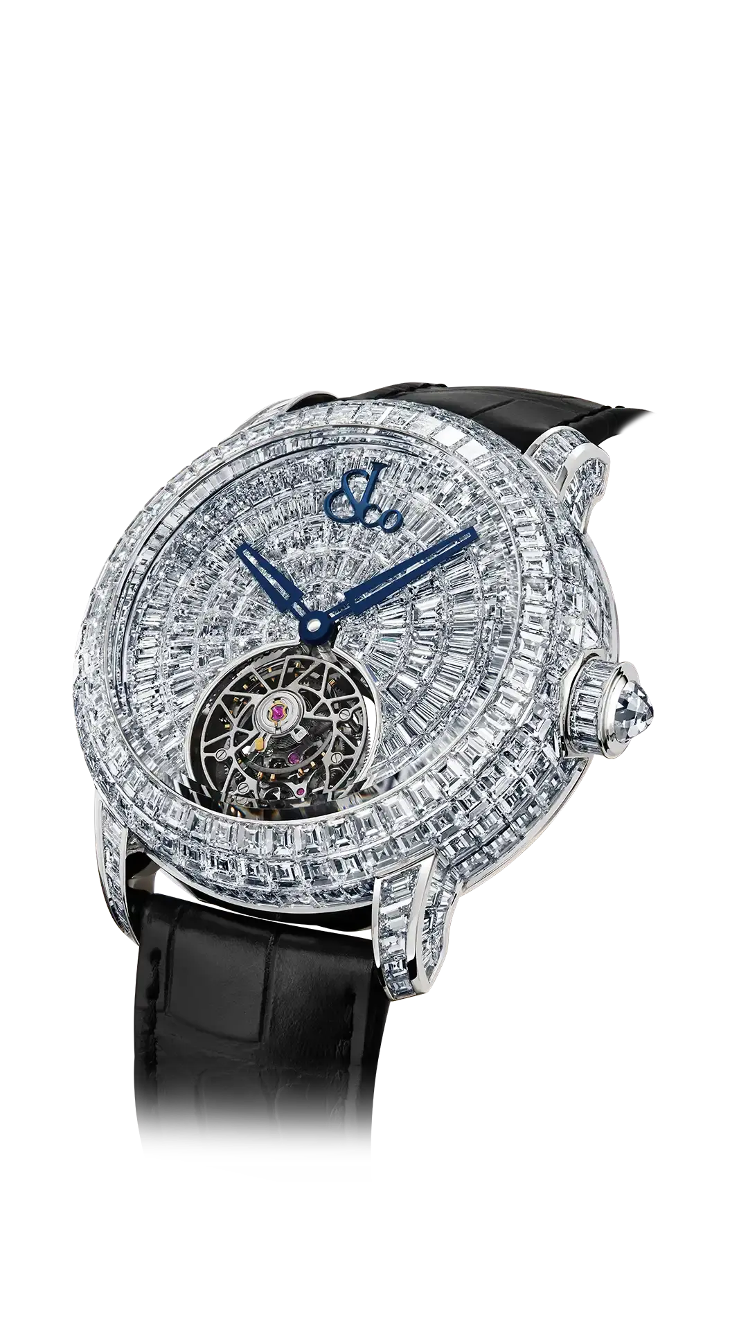 The white gold Caviar Tourbillon, set with baguette-cut white diamonds in 44mm case