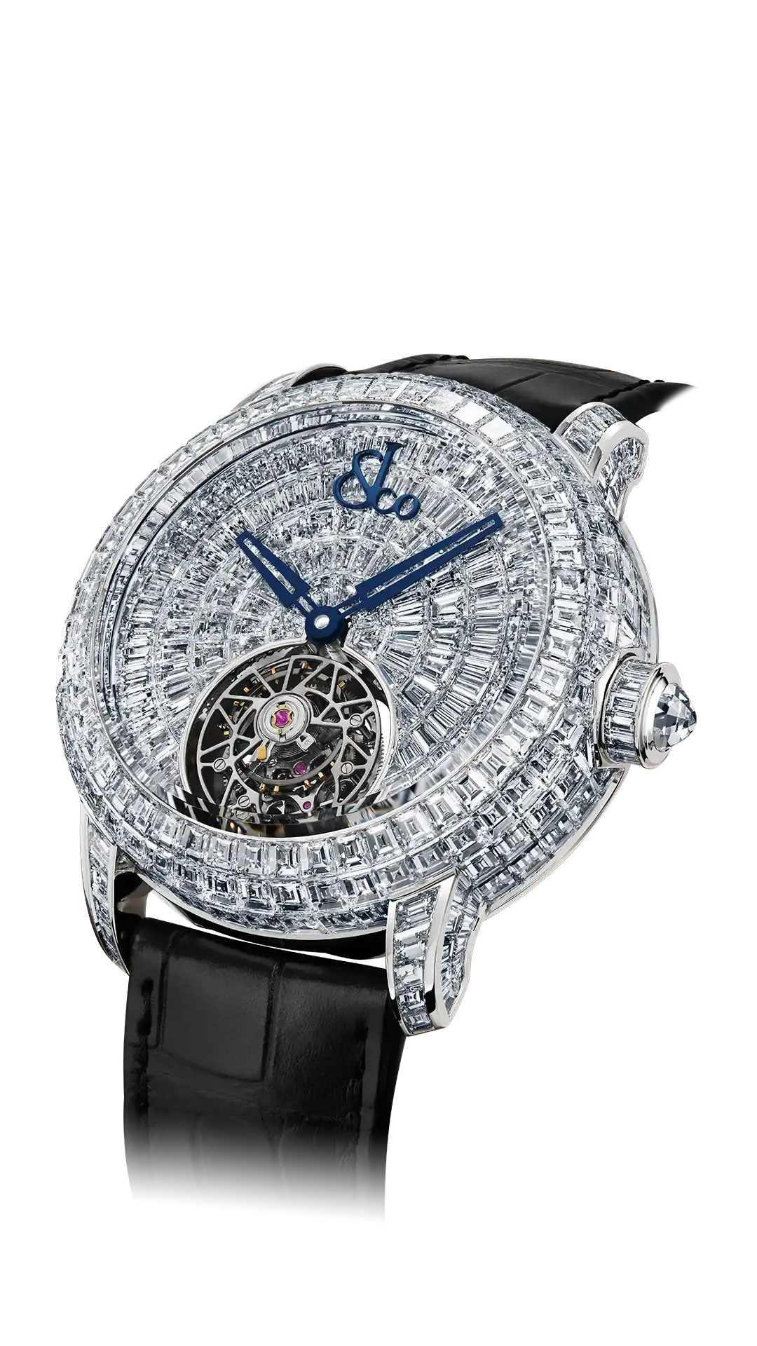 The white gold Caviar Tourbillon, set with baguette-cut white diamonds.