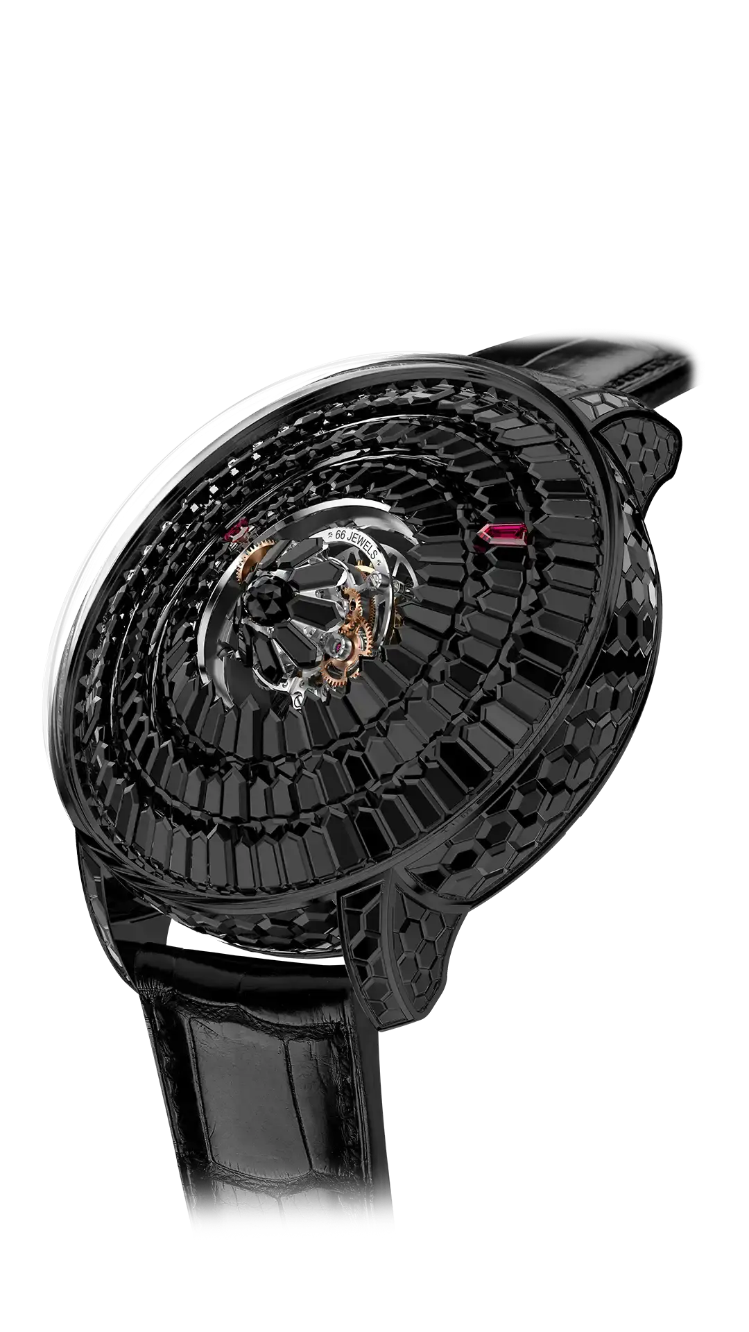The black gold Mystery Tourbillon, with black spinel "dial", ruby hands, ruby hour markers, and polygonal black spinels in the tourbillon