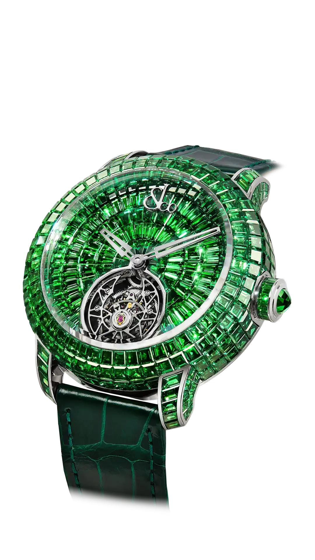 The white gold Caviar Tourbillon, set with baguette-cut tsavorites.
