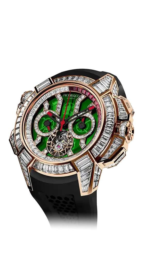 The rose gold Epic X Chrono Tourbillon Baguette with green filter, set with diamonds all throughout the case.