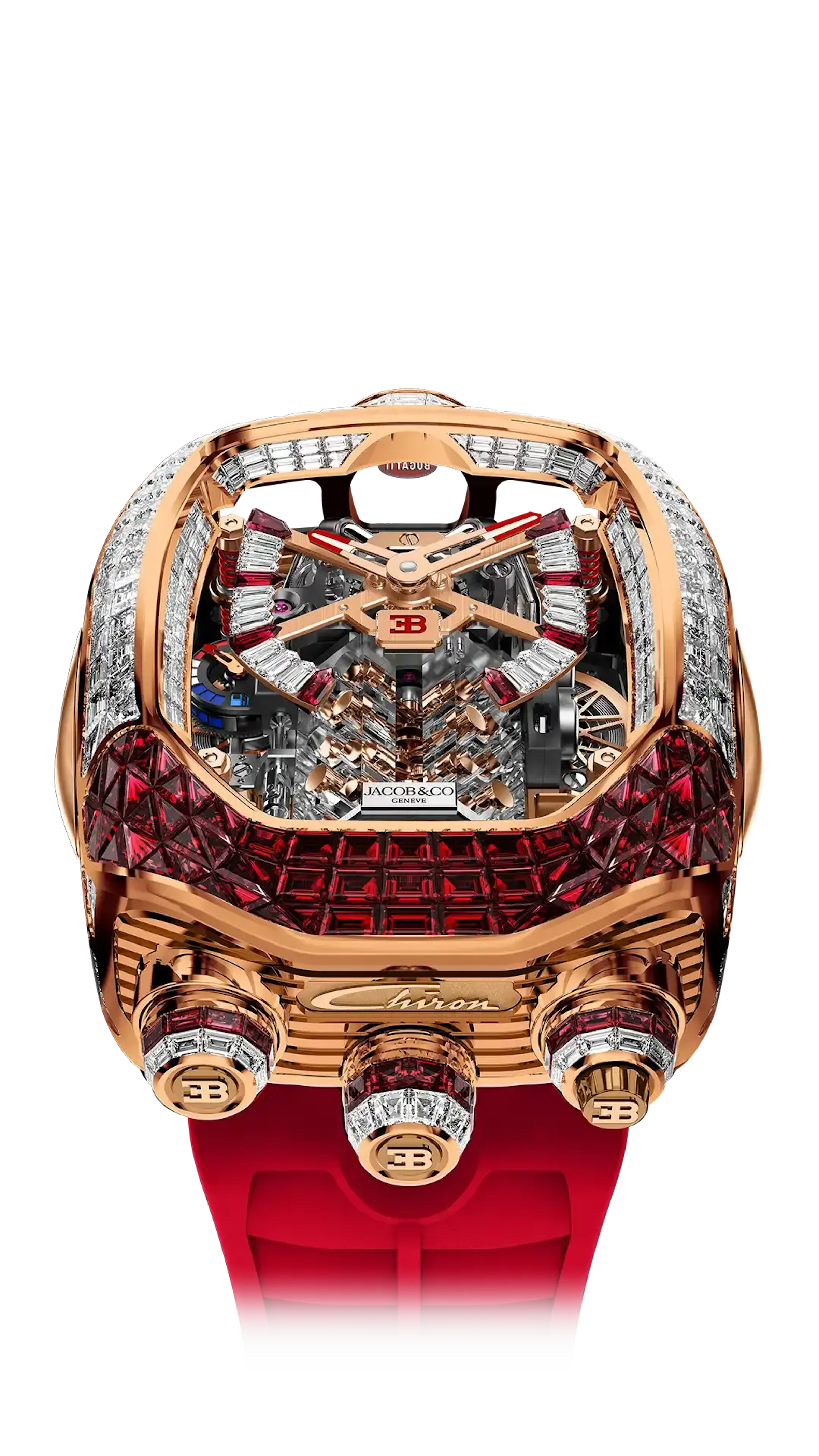 The rose gold Bugatti Chiron Tourbillon Baguette, set with rubies and white diamonds