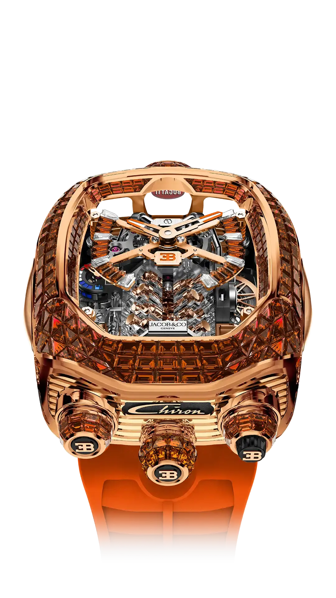 The rose gold Bugatti Chiron Tourbillon Baguette, set with orange sapphires on the case and crowns.