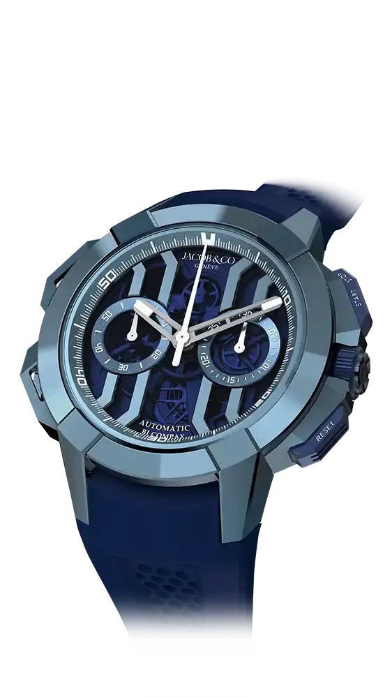 The blue titanium Epic X Chrono 43-millimeter, with a blue dial.