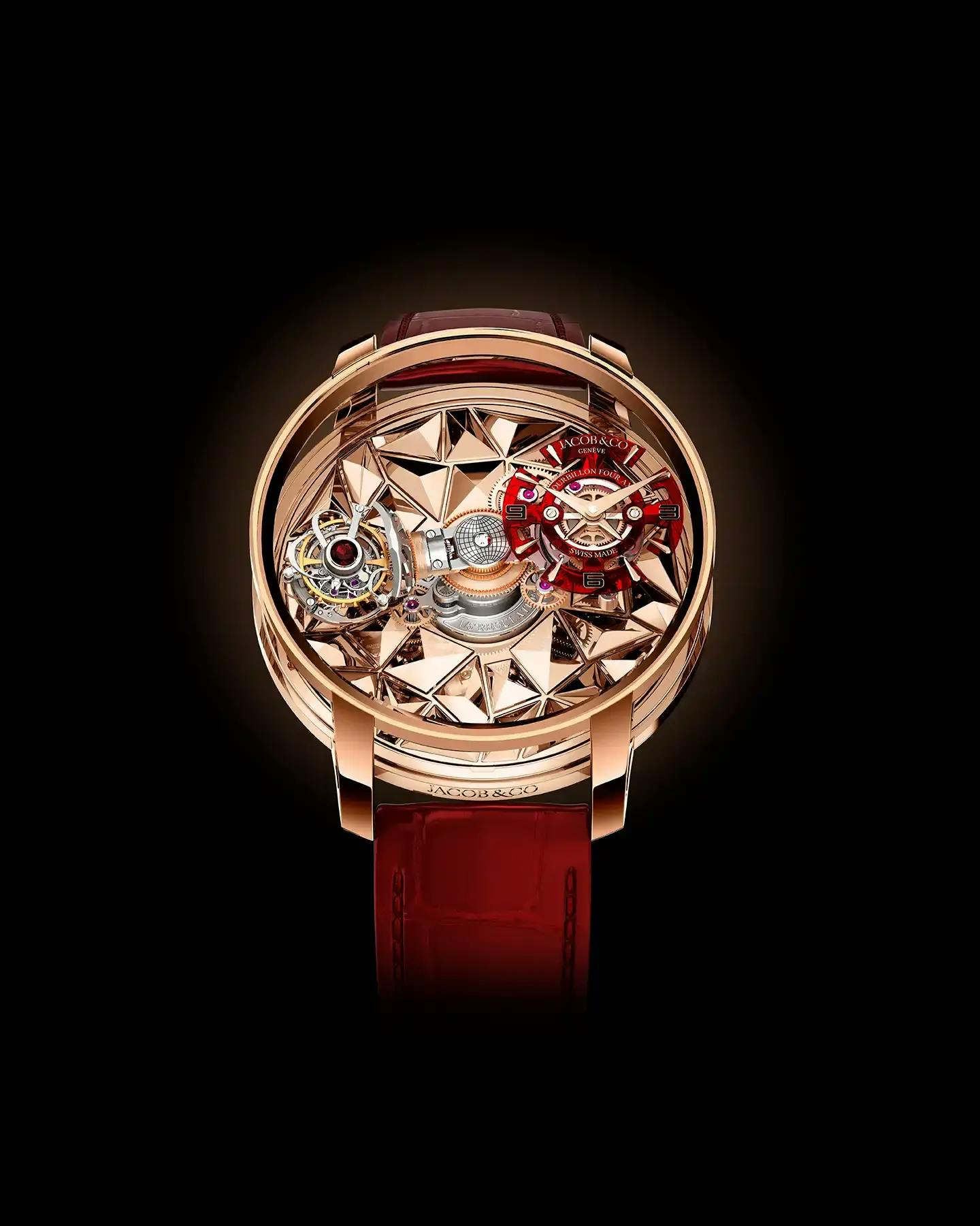 the rose gold astronomia four axis tourbillon, facing the viewer.