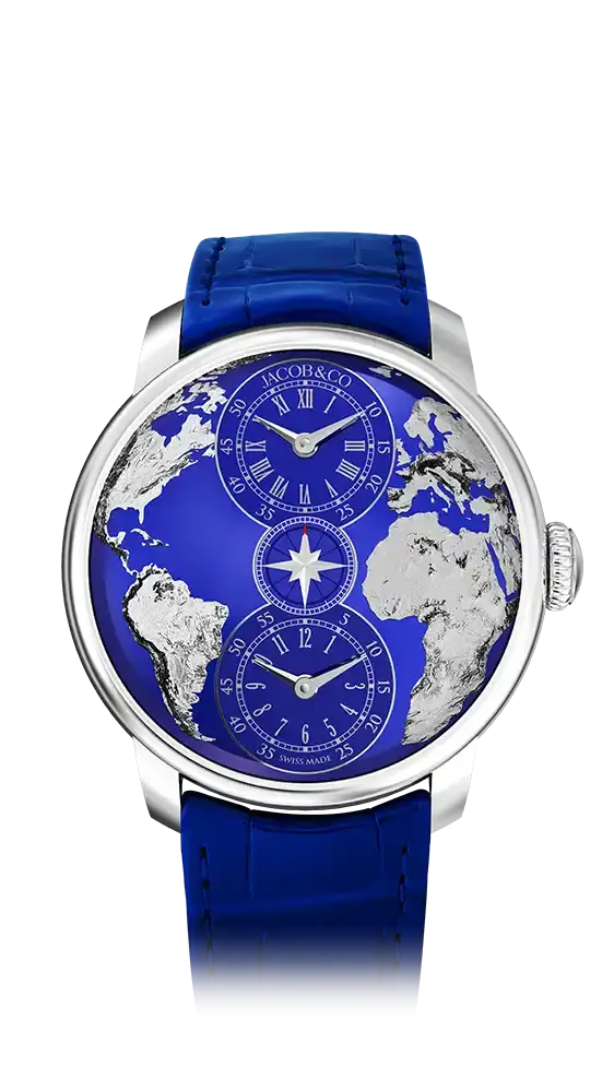 The World Is Yours Dual Time Zone in steel and blue pvd