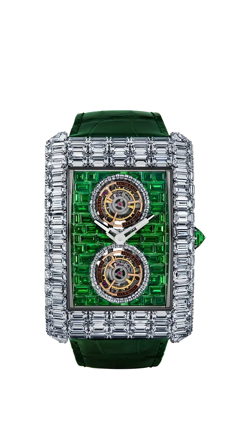 The Billionaire Double Tourbillon, a baguette-cut diamonds and tsavorites watch with two tourbillons beneath the watch hands.