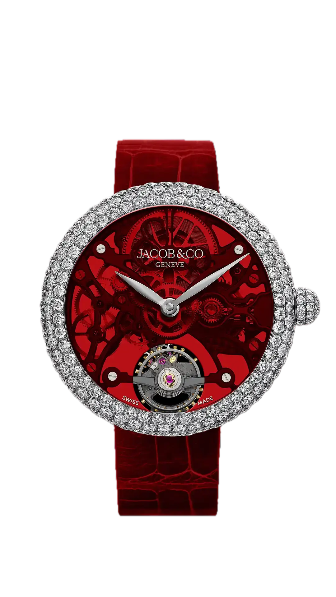 The steel Brilliant Skeleton Northern Lights in 42mm, with a red dial, and diamonds set across the case bezel and crown