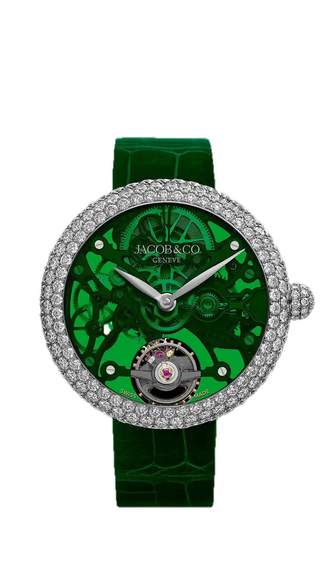 The steel Brilliant Skeleton Northern Lights in 42mm, with a green dial, and diamonds set across the case bezel and crown