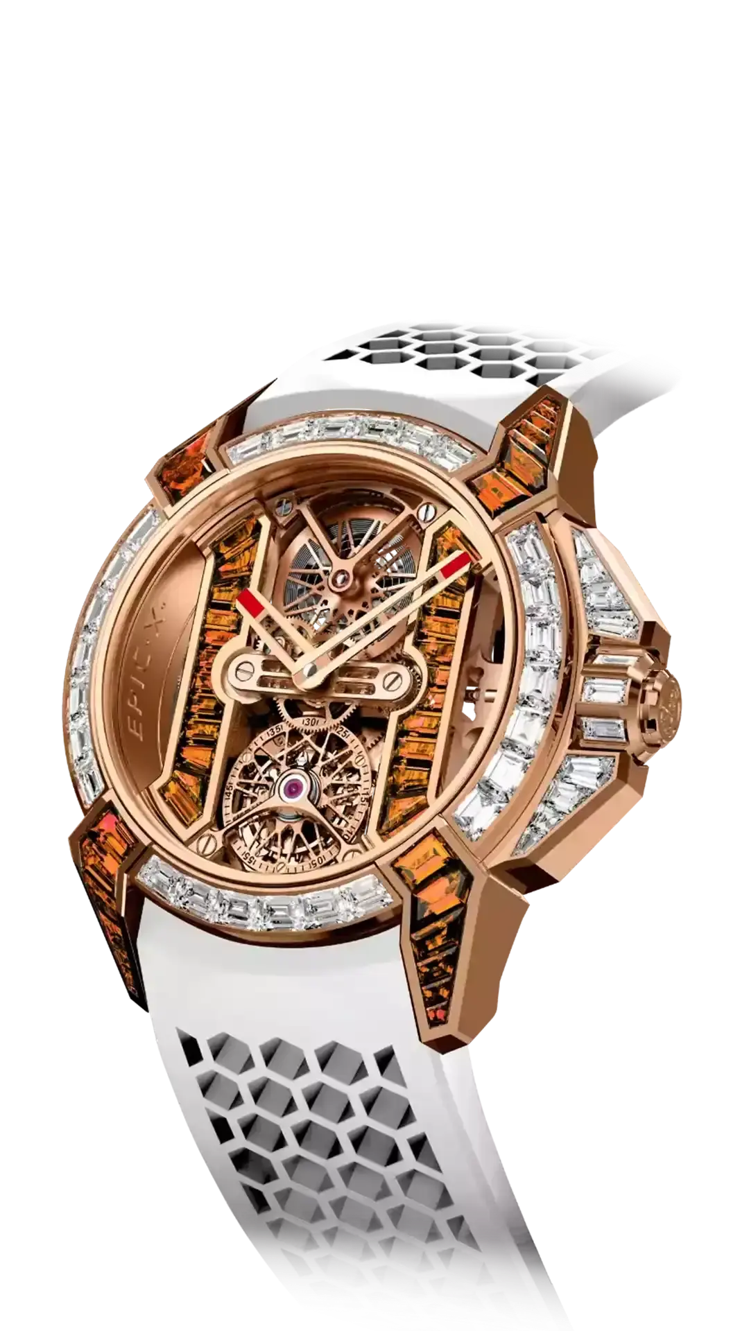 the epic x tourbillon baguette in rose gold. the bezel is adorned with white diamonds, while the lugs and crowns are decorated with orange sapphires